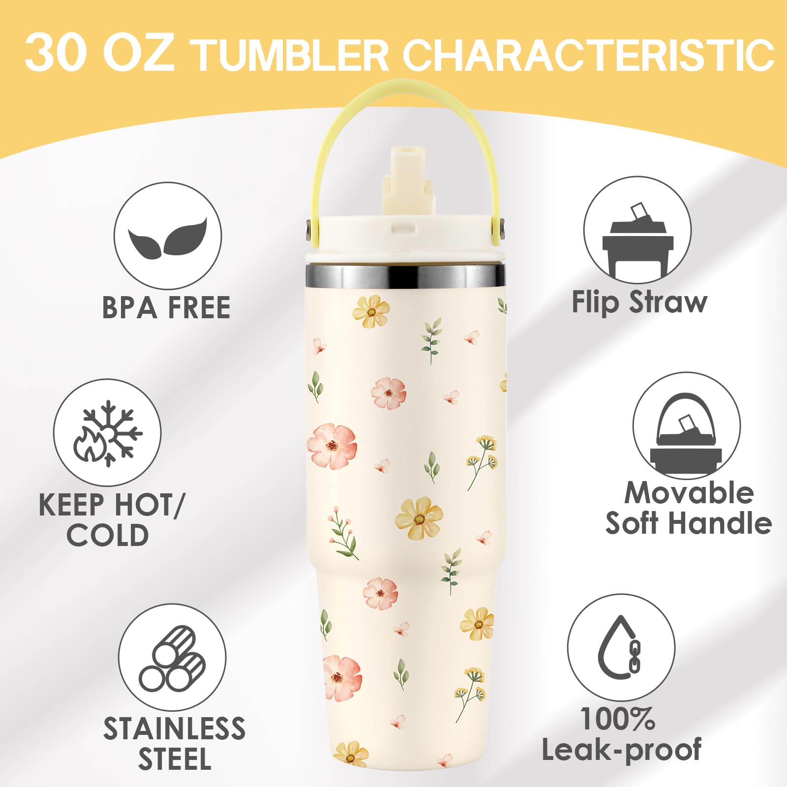 Daisy Tumbler 30Oz Stainless Steel Water Bottle With Handle Flip Straw, Leakproof Travel Mug Iced
