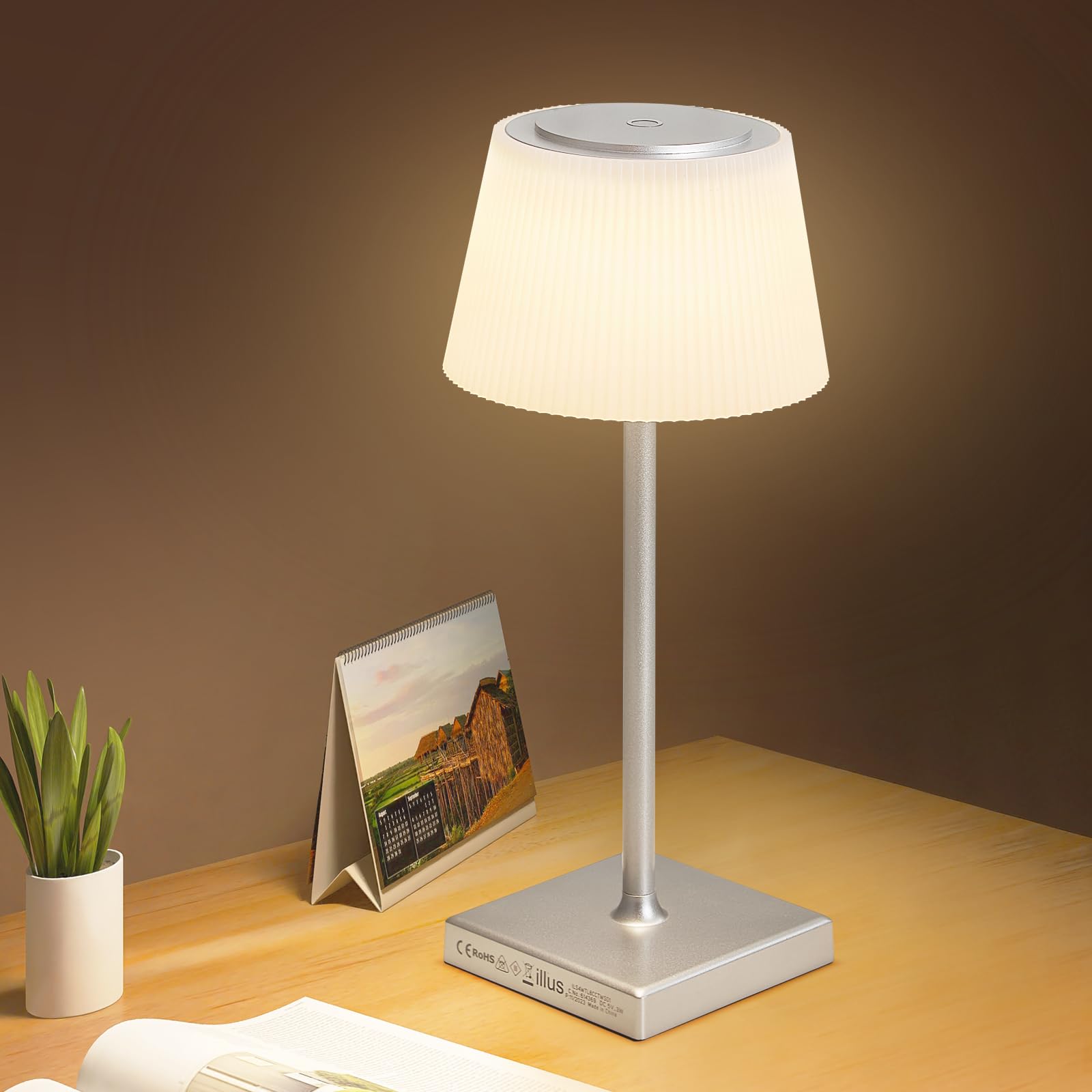 Illus Illumination Illus Touch Lamp, Pleated Design Rechargeable Led Desk Lamp, 3 Color Temperature Cordless For Bedroom, Small Kids Desk Light, Light For Bedside Nightstand Living Room Patio (Silvery)