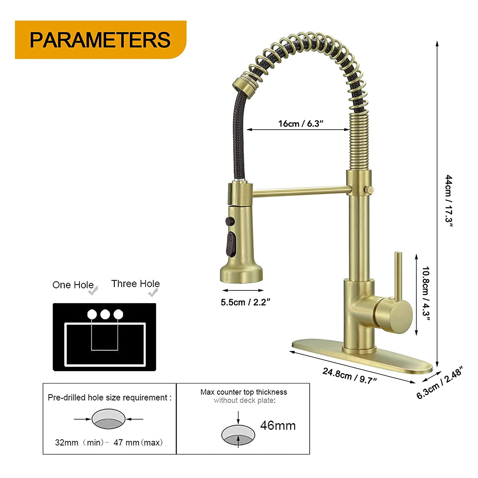 Besy Brushed Brass Kitchen Faucet With Pull Out Sprayer, High-Arc Single Handle Single Lever Spring Rv Kitchen Sink Faucet With Pull Down Sprayer, 3 Function Laundry Faucet, Brushed Gold