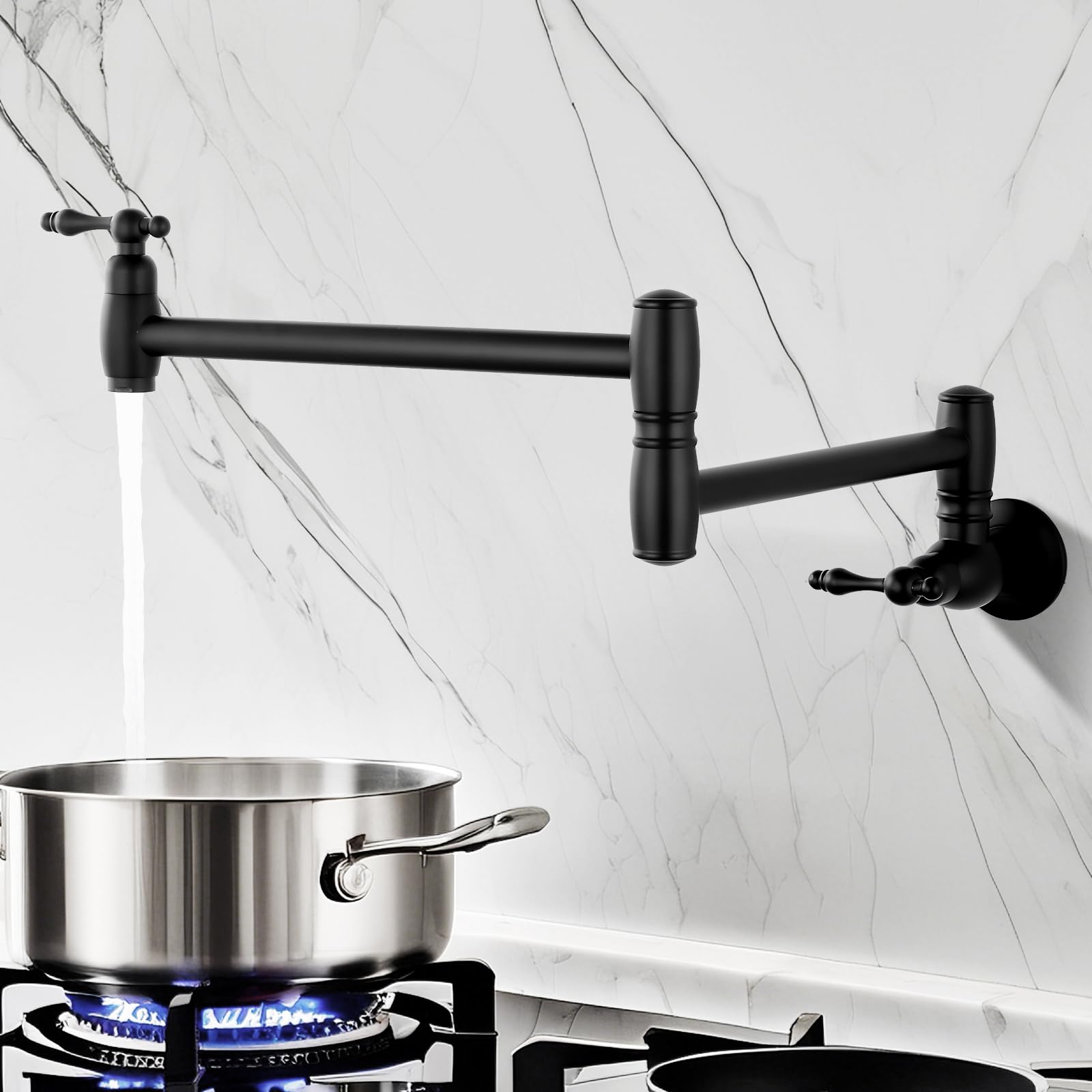 Mutvka Pot Filler Kitchen Faucet, 360° Swivel Spout, Commercial Wall Mount Stove Foldable Faucet, Durable Construction, Modern Design For Easy Installation Matte Black