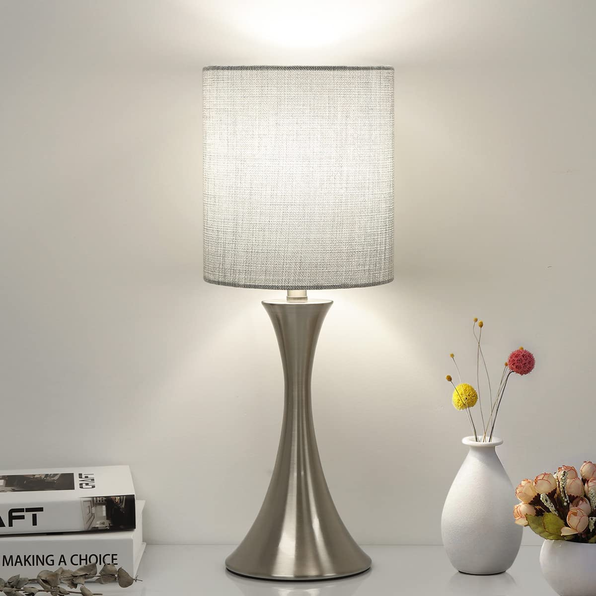 Seaside Village 3 Way Touch Control Table Lamp, Dimmable Bedside Desk Lamp With Metal Base Modern Nightstand Lamp Stylish Grey Shade Simple Side Table Lamp For Bedroom, Living Room, Office Or Den Led Bulb Included