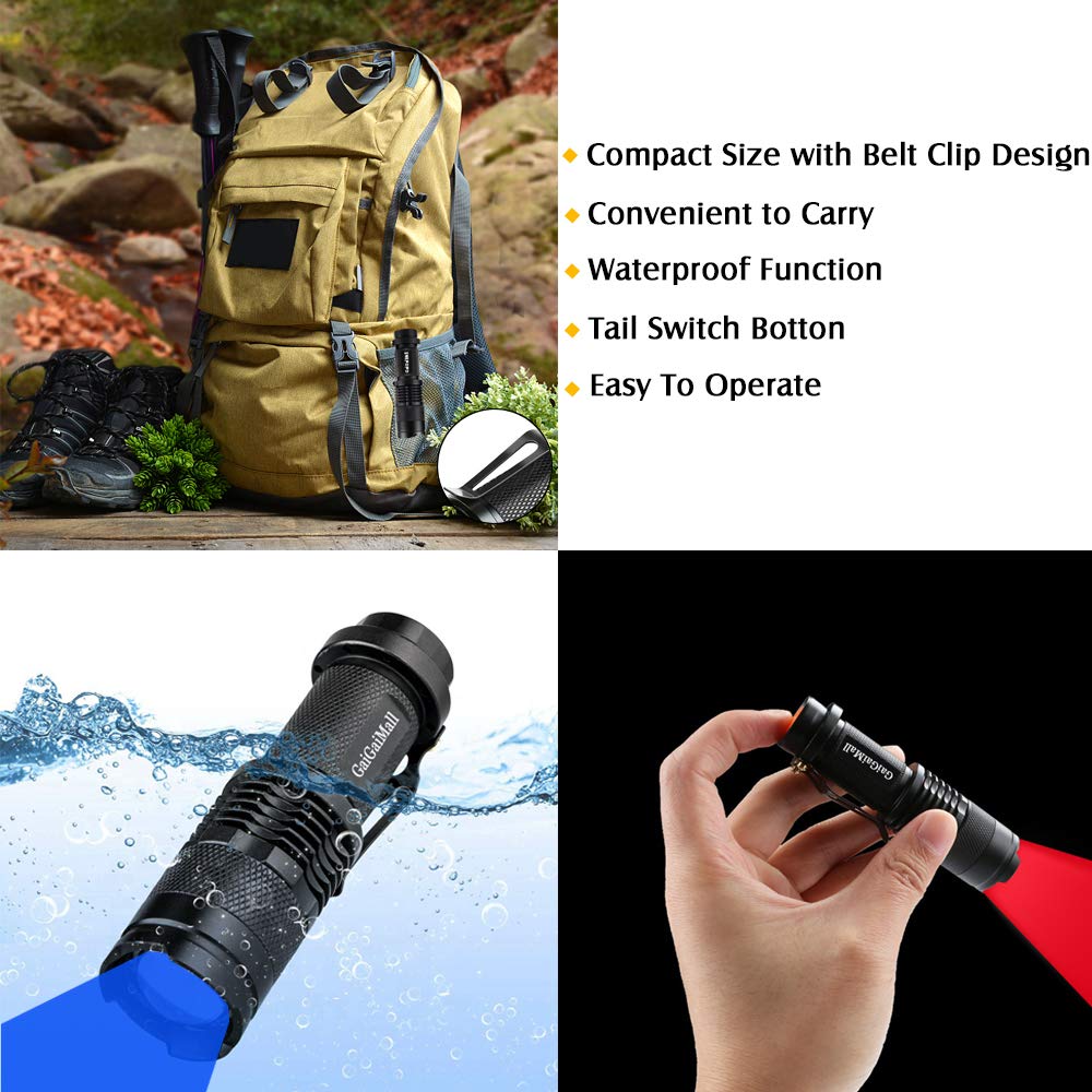 Gaigaimall 4 Colors Flashlights Including Red Green Blue Black Light Flashlight, 3 Mode Zoomable Led Hunting Torch, 4 Pack