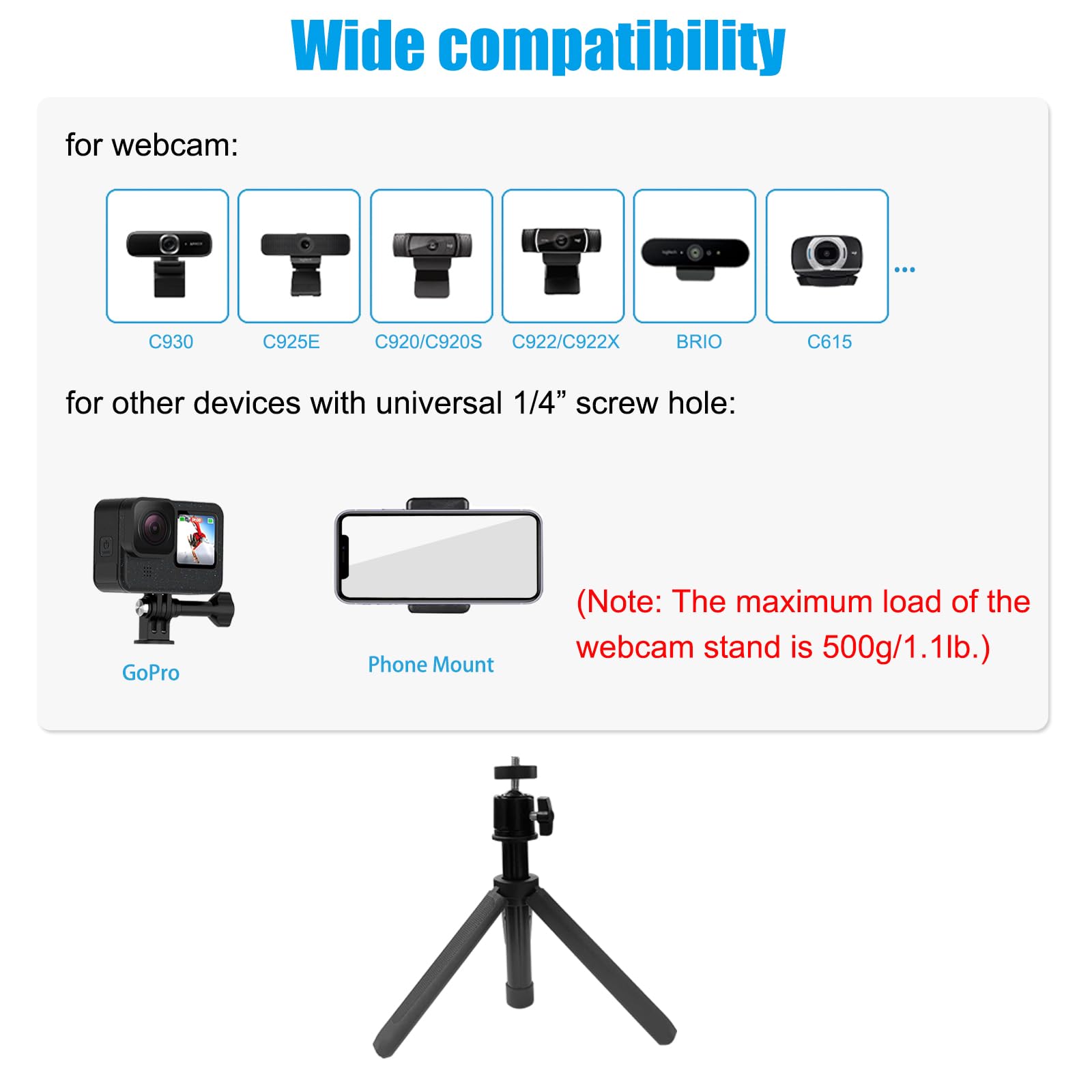 Khazylorr Webcam Tripod For Desk, Mini Tripod For Webcam Extendable Small Tripods For Camera 5 Levels Adjustment 360 Swivel, Desktop Webcam Stand For Logitech Webcams Iphone Samsung And Action Camera