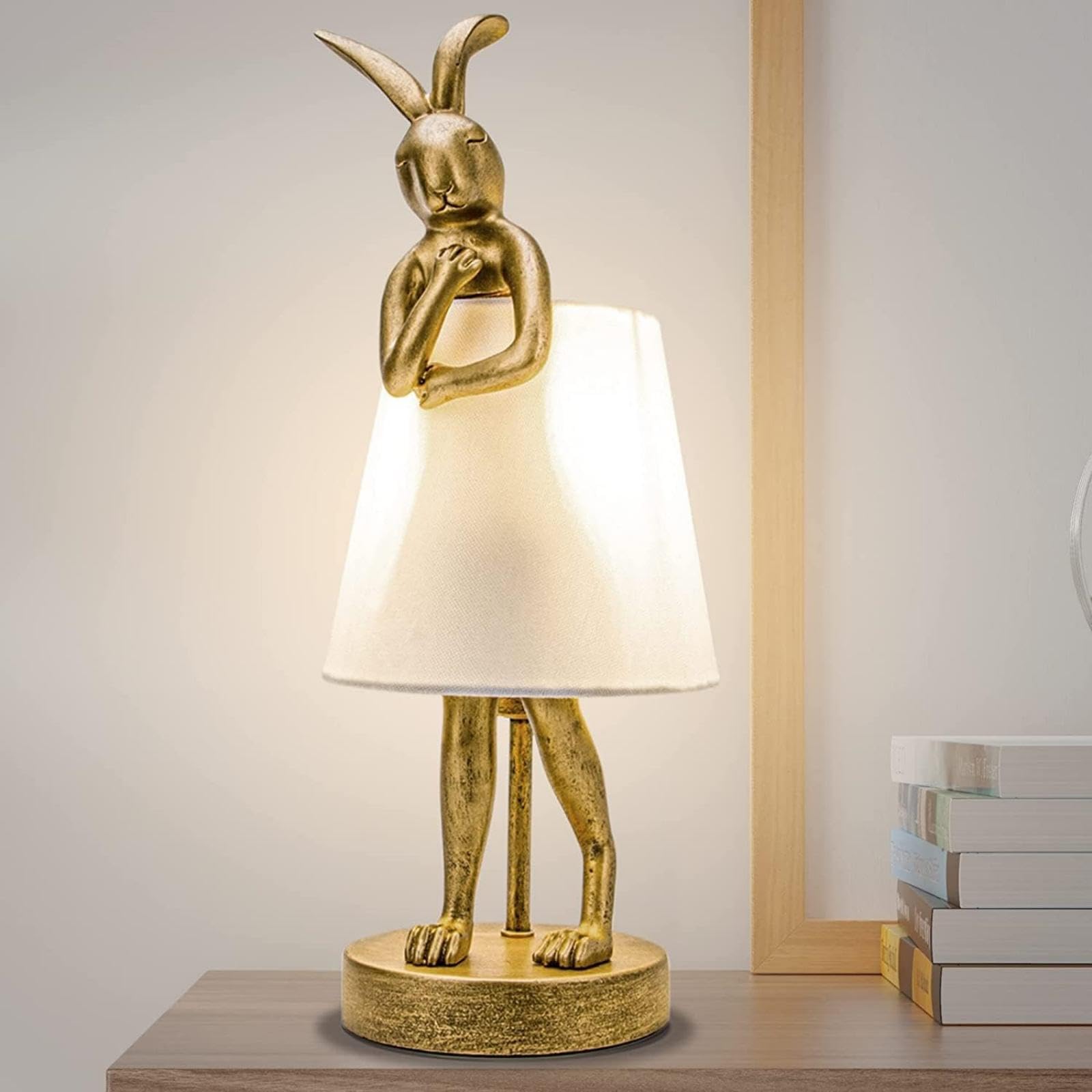 Jgoewbj Bunny Table Lamp, Resin Rabbit Desk Light, Animal Lamps With Linen Shade, Vintage Antique Gold Main Part (White Lamp Shade)