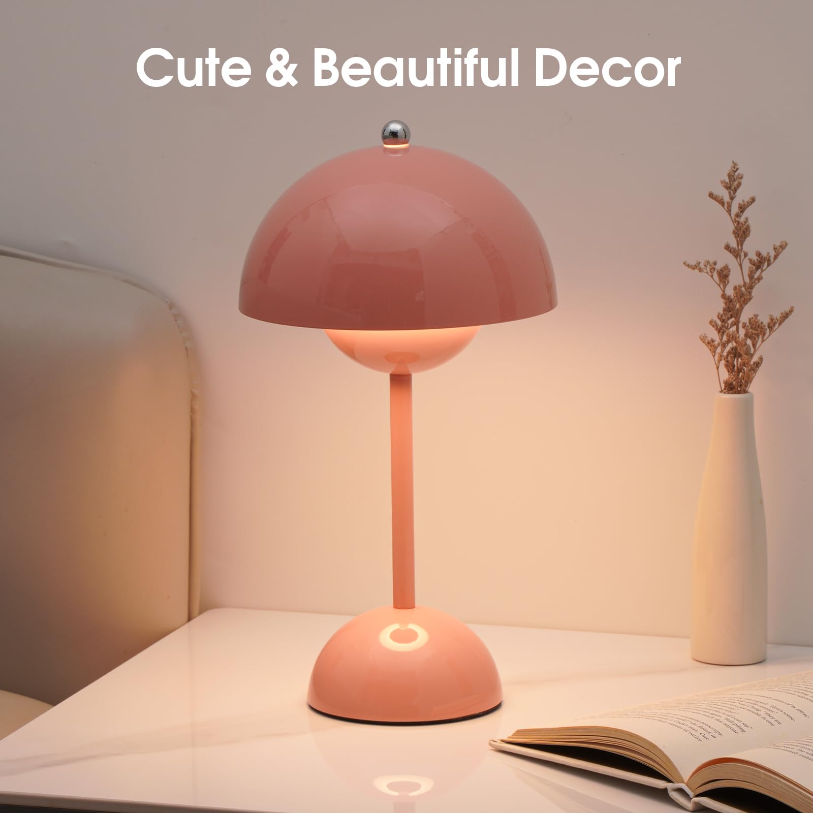 Nusogon Flowerpot Cordless Lamp, Dimmable Rechargeable Touch Lamp, Battery Operated Lamp, Cute Mushroom Small Lamp For Nightstand, Modern Table Lamp For Indoor Outdoor(Pink