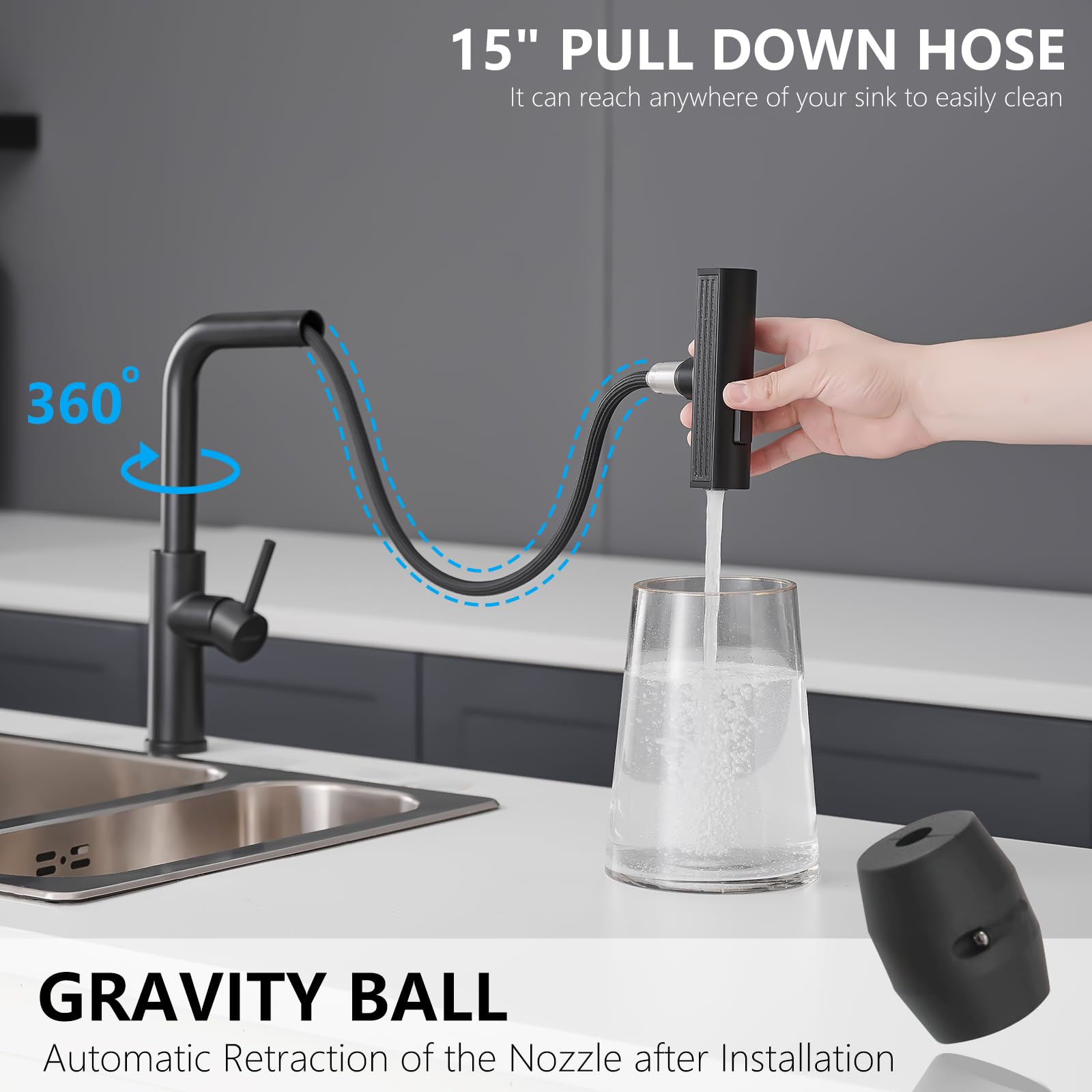 Aimadi Waterfall Kitchen Faucets, Matte Black Kitchen Faucet With Pull Down Sprayer, Modern Single Handle Kitchen Sink Faucet Black, 3-Function Spray