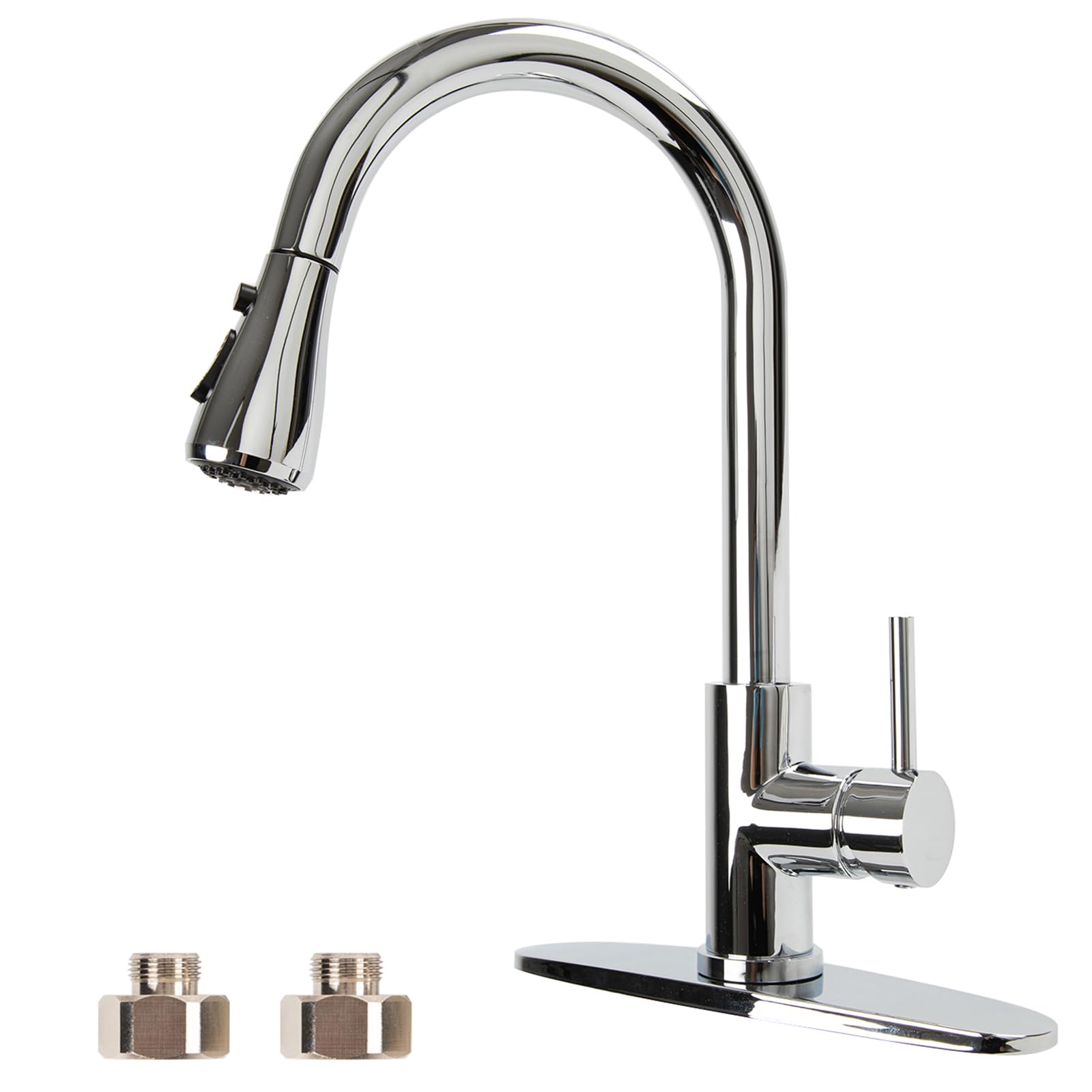 Blovtoo Polished Chrome Kitchen Faucet With Pull Down Sprayer For Single Hold And 3 Hole, Commercial High Arc Single Handle Kitchen Faucet With Deck Plate For Kitchen Sink, Sus 304 Stainless Steel