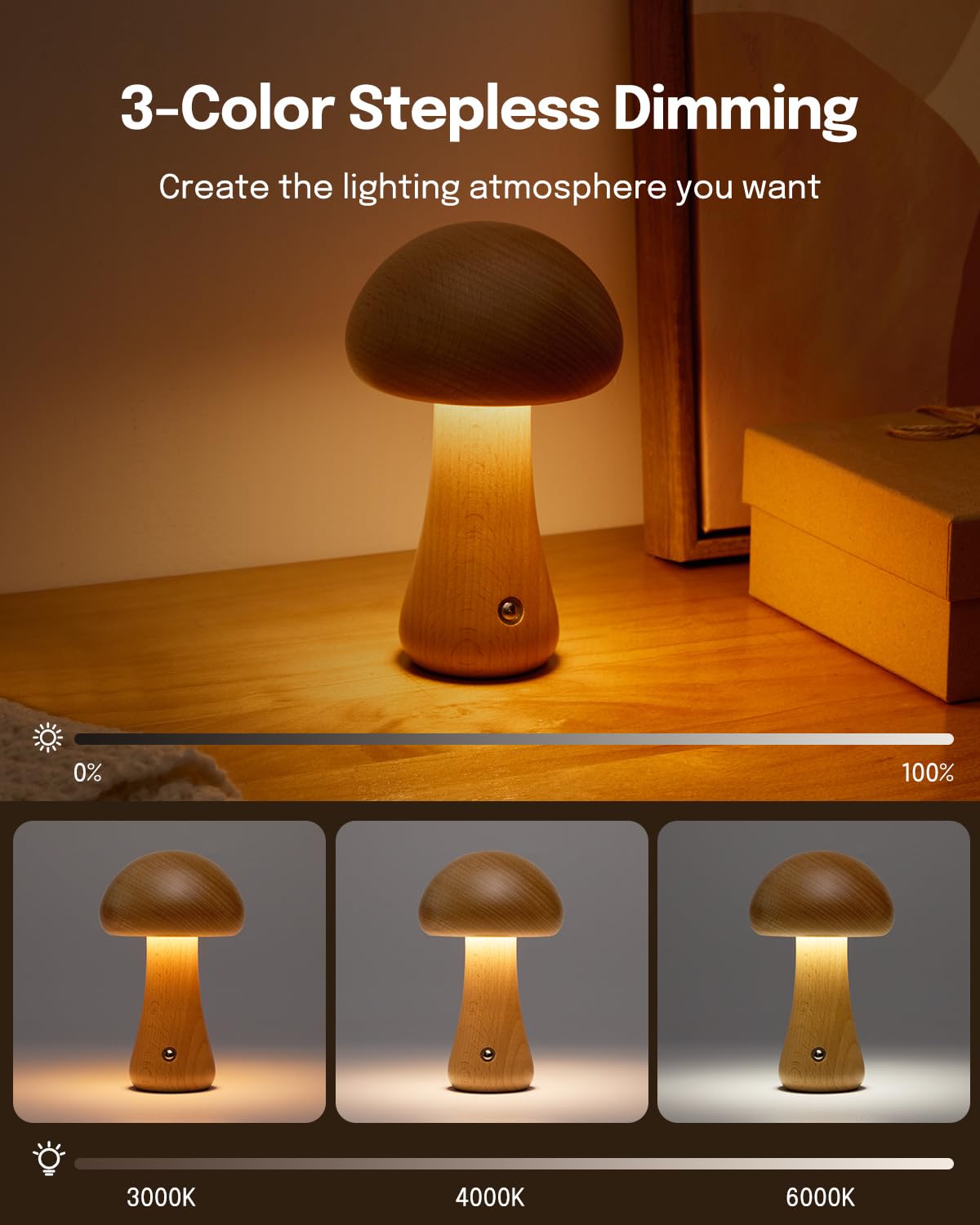 Lalavon Wooden Mushroom Lamp, Portable Cordless Small Lamp, Rechargeable Battery Operated Table Lamp, 3 Colors Stepless Dimming, Night Light For Birthday (Beech/6.5" H)