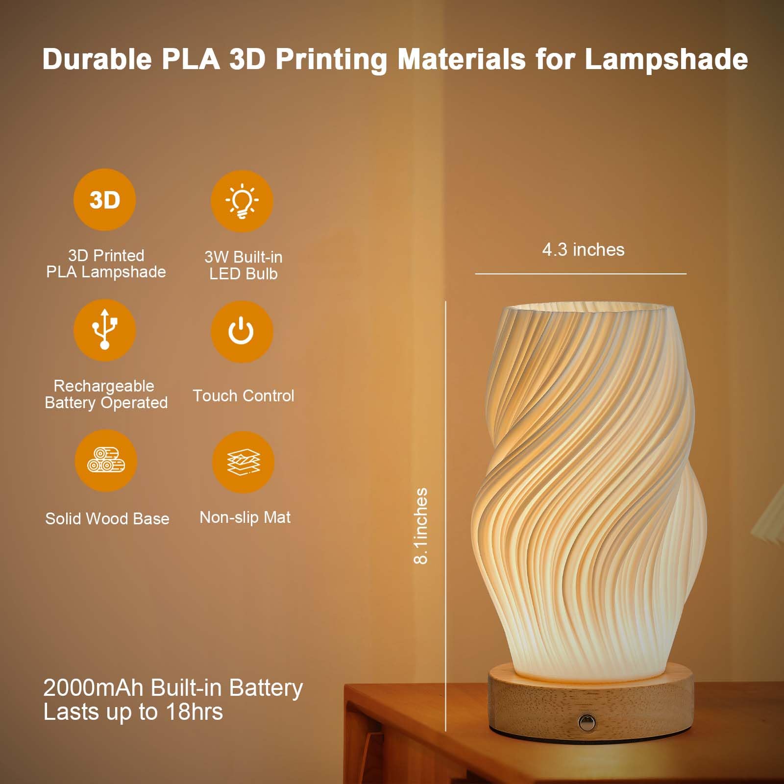 Sisihokai Portable Rechargeable Cordless Lamp, Touch 3 Color Stepless Dimmable Battery Operated Bedside Lamp For Bedroom, Cute Table Lamp For Living Room, Kids Room, Flame, Old Version
