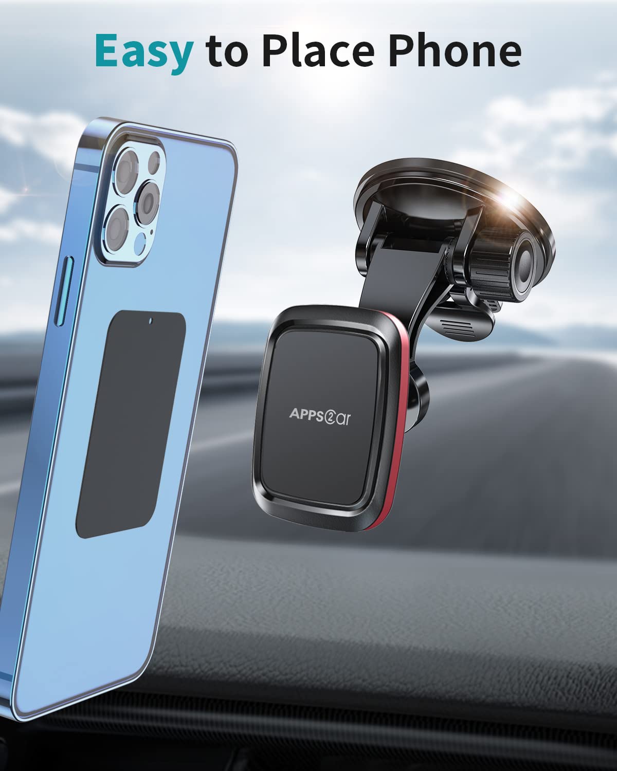 Apps2Car Magnetic Car Phone Mount With Adjustable Arm & 6 Strong Magnets Universal Dashboard Windshield Cell Phone Holder Compatible With All Smartphones