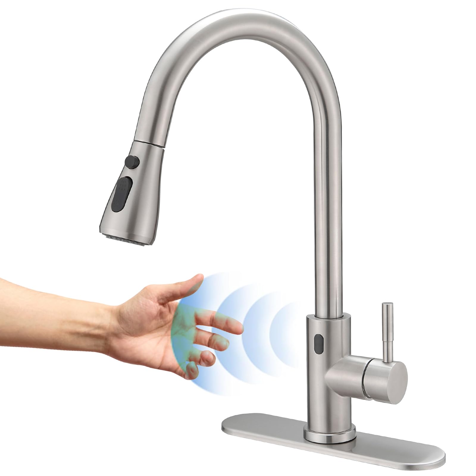 Bwe Touchless Kitchen Faucet With Pull Down Sprayer,Single Handle Motion Sensor Kitchen Sink Faucet,High Arc Smart Commercial Faucet For Kitchen Sink Hands-,Brushed Nickel