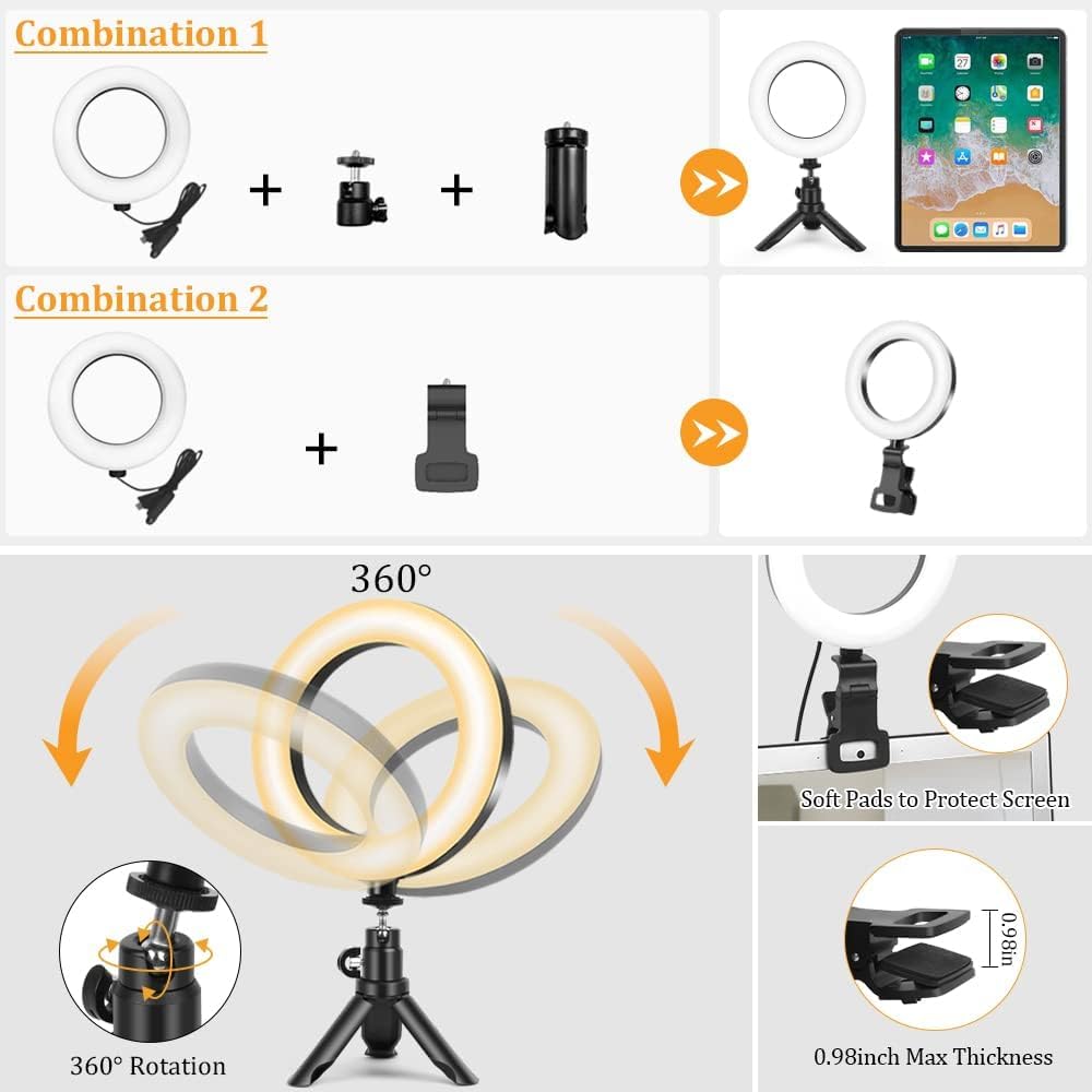Evershop 2Packs-Ring Light With Tripod Stand,Small Desk Led Circle Lights Clip On Laptop For Video Conference Lighting,Computer Monitor,Zoom Meeting,Recording, Calls,Portable Selfie Light For Webcam,Phone,Pc