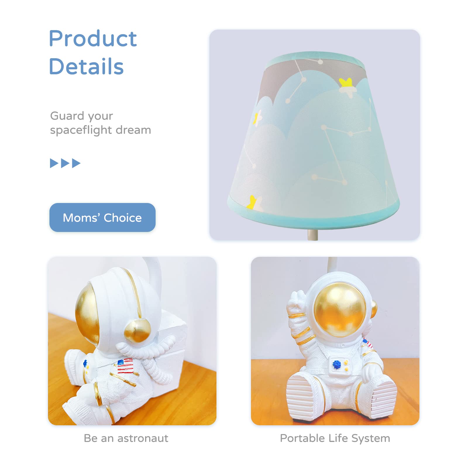 Herbestbay Kids Table Lamp, Golden Astronaut Lamp Design Bedside Table Lamp, 13 Inch Tall Spaceman Lamp With Barrel Lampshade For Kids Bedroom Decor, Come With An Led Bulb (American Astronaut)