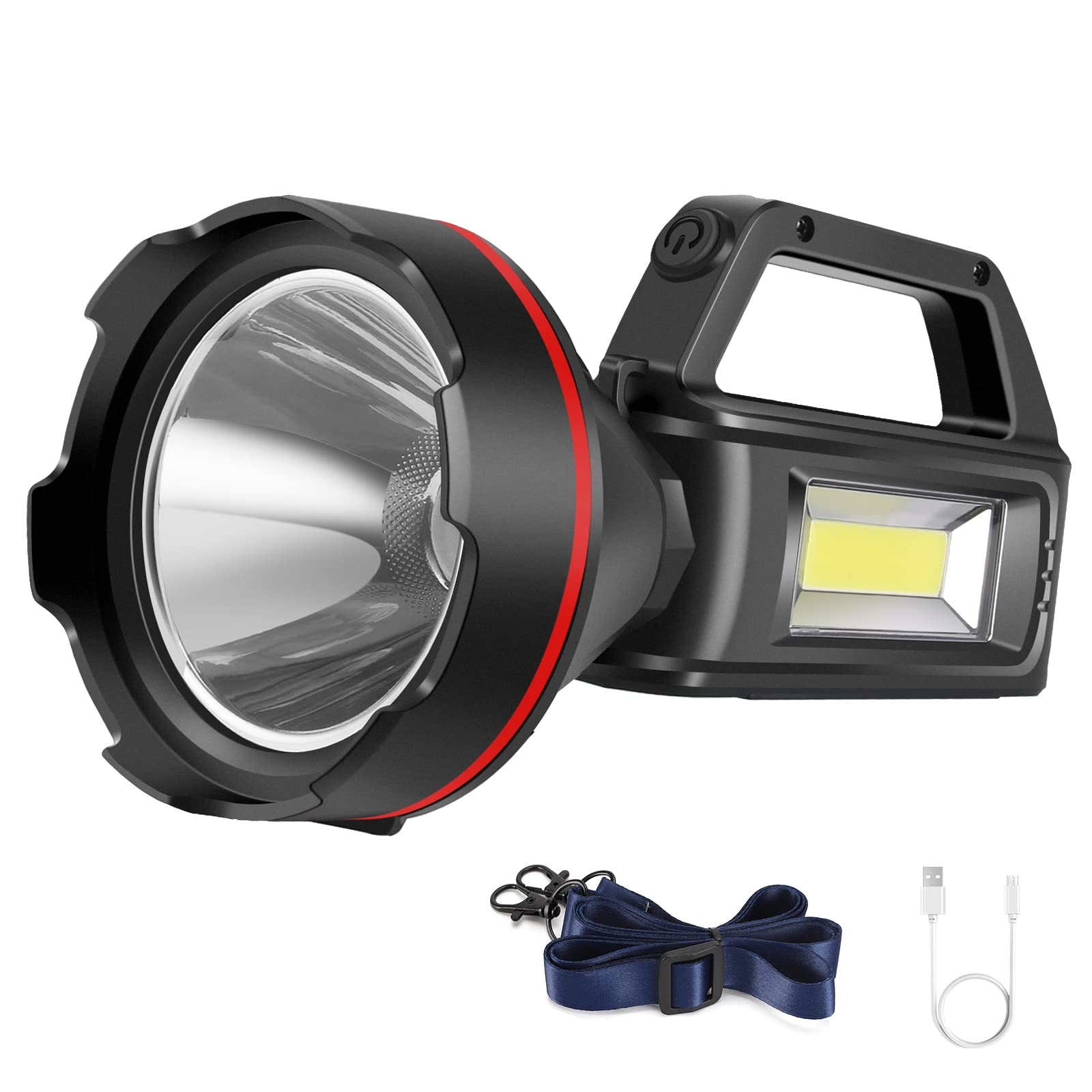 Sunpro Rechargeable Spotlight Flashlight, High Lumens Handheld Spotlight,Led Searchlight With Shoulder Strap And Usb Output For During Hurricane,Emergency, Storms, Outages,Hunting, Hiking, Camping(Black1)