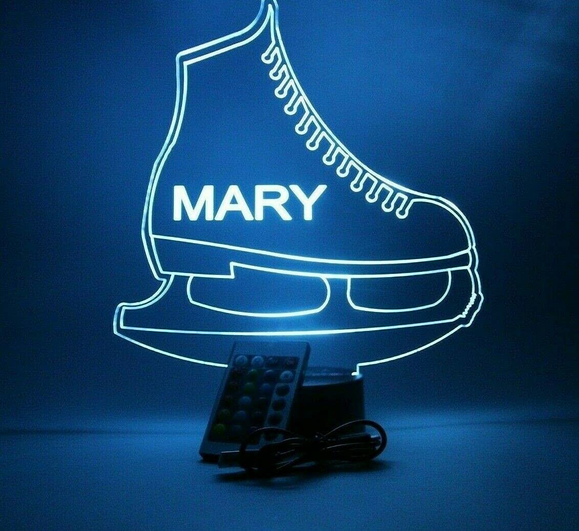 Mirror Mania Ice Skate Light Up Lamp Led Personalized With Name Night Light Engraved Figure Skating Skate Table Lamp, Our Custom Sports Feature With Remote, 16 Color Options, Dimmer, Engraved, Great
