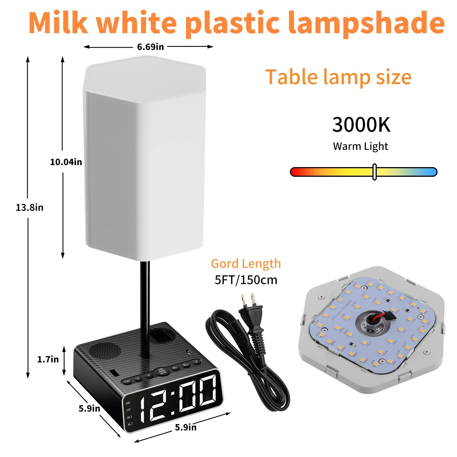 Sussex Table Lamp With Alarm Clock, Charging Station, Usb C & A, Ac Outlet Ports, Speakers, Radio - Power Outlet With Touch Control 3-Way Dimmable Nightstand Lamp For Kids Study Room, Bedroom