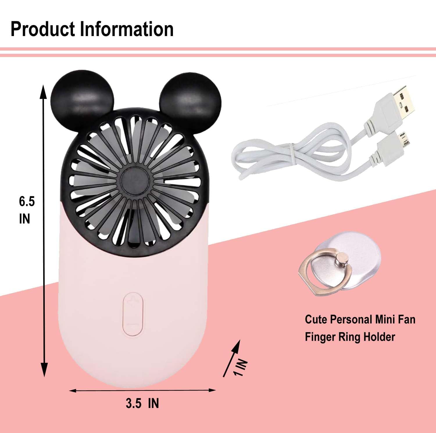 Cute Personal Mini Fan, 2 Pack, Usb Rechargeable Portable Fan With Stylish Led Light, 3 Speed