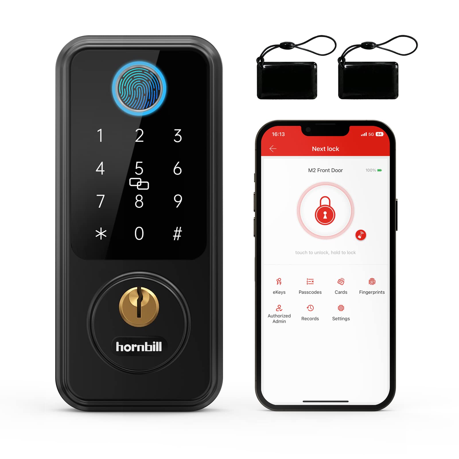 Hornbill Smart Keyless Entry Door Lock, Hornbil Smart Deadbolt Door Locks For Front Door With Fingerprint Bluetooth Electronic Deadbolt, Biometric Touchscreen Keypad Door Lock, Works With App, Black