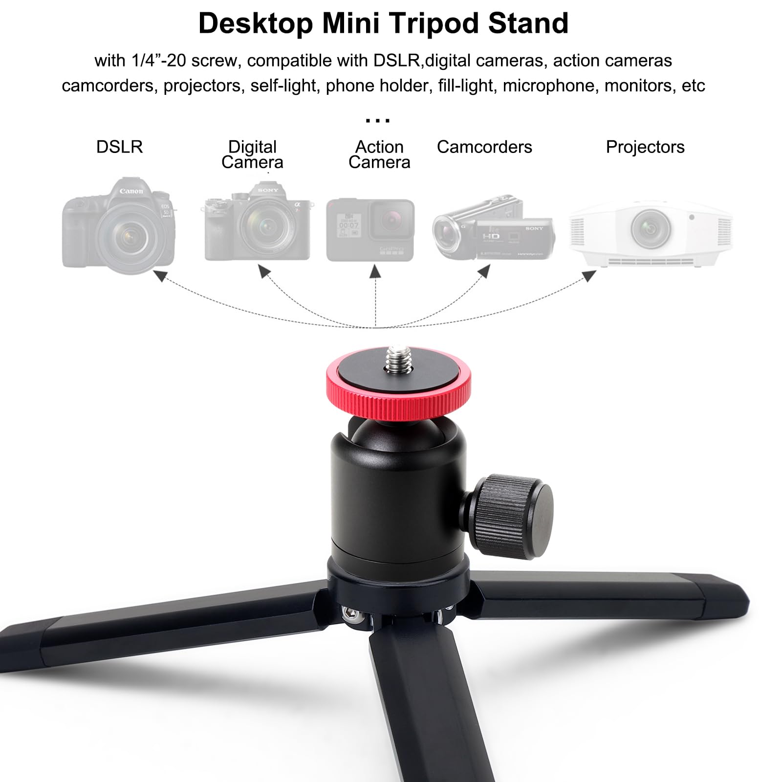 Cofunkool Mini Tripod With Ball Head Mount, Tabletop Tripod Compact Versatile Handle Grip For Gimbal Stabilizers, Cameras, Phones, Webcams, Projectors