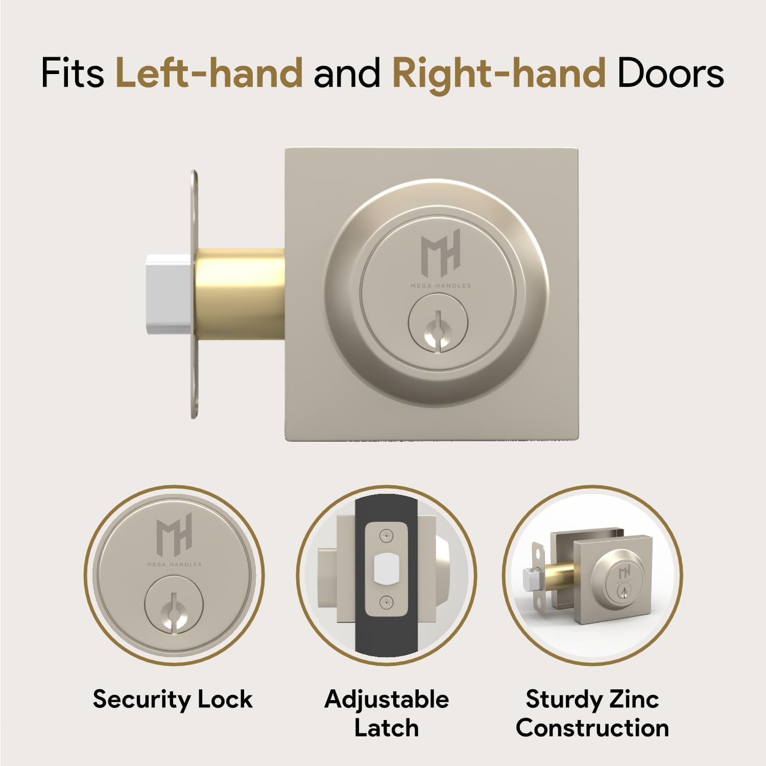 Mega Handles - Glamor Deadbolt Entry Lock - Heavy Duty Round Locking For Left Or Right-Handed Doors - Interior/Exterior - Satin Nickel