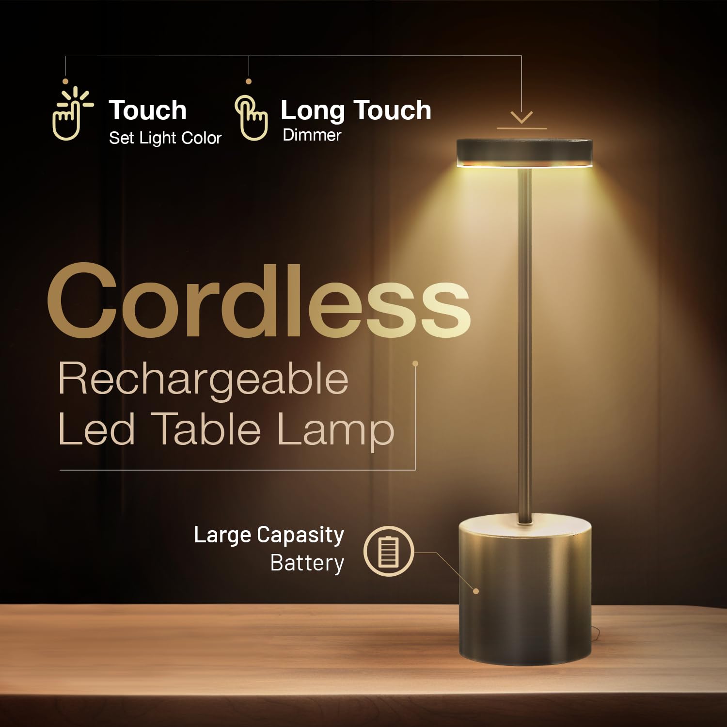 P-Maggia Cordless Table Lamps Set Of 2, 3 Color Stepless Dimming, 5000Mah Rechargeable Battery Operated Lamp, Outdoor Cordless Lamp, For Dining Room, Living Room, Bedroom, Bar, Restaurant (Gold - 2)