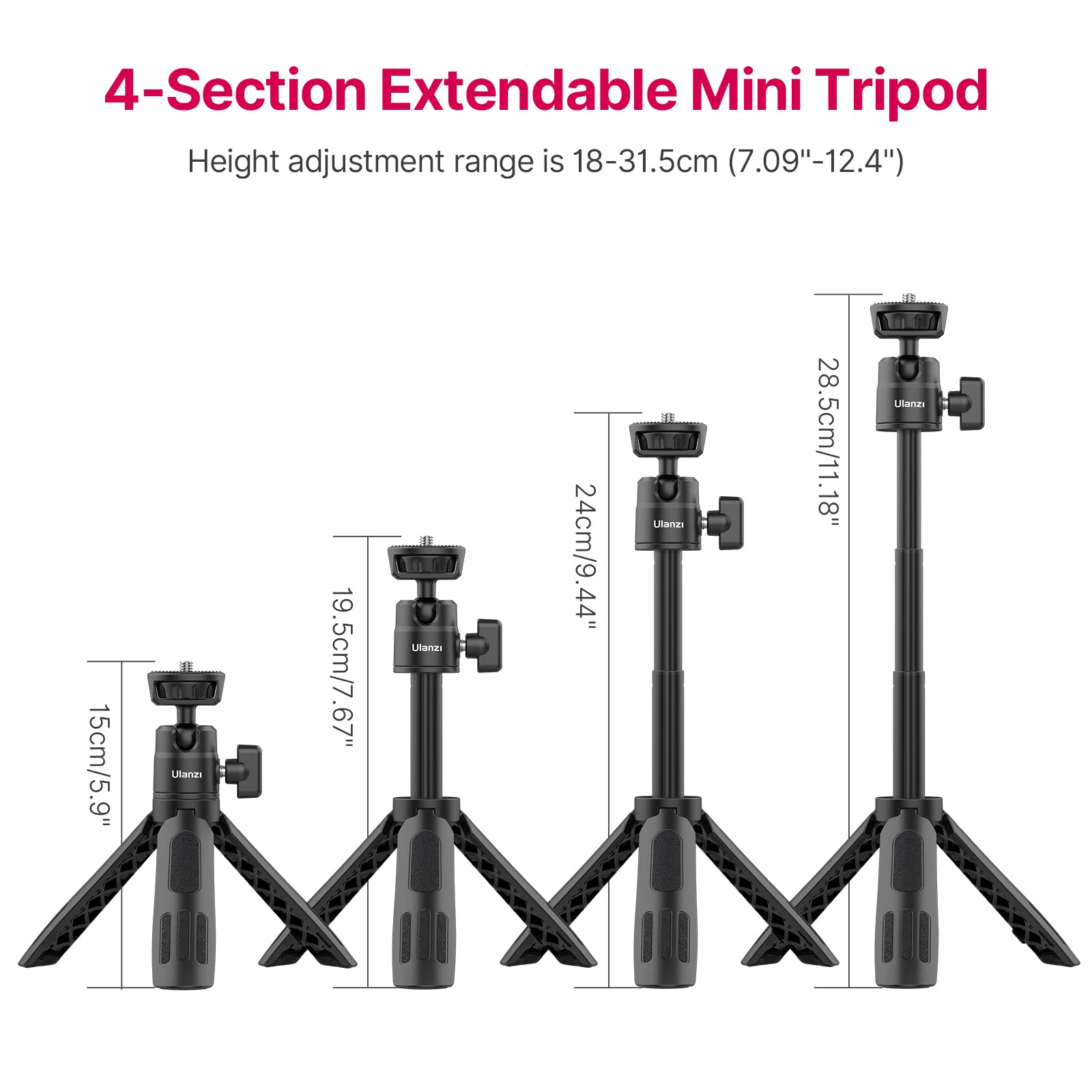 Ulanzi M12 Extendable Selfie Stick For Action Camera, Portable Vlog Cell Phone Tripod Stand With Phone Mount Action Camera Adapter, Mini Hand Grip Compatible With Hero 13/12/11/10/9/8/7/6/5 Smartphone