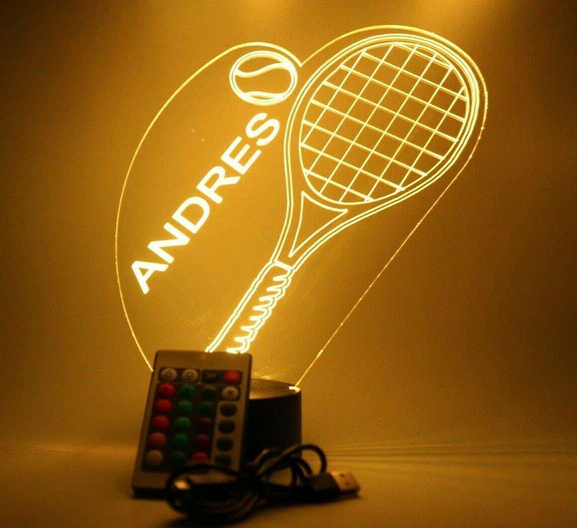 Mirror Mania Tennis Racket Racquets And Ball Court Sports Player Night Light Up Table Lamp Led Engraved Custom Name Personalized With Remote, 16 Color Options, Dimmer, It'S Wow, Great