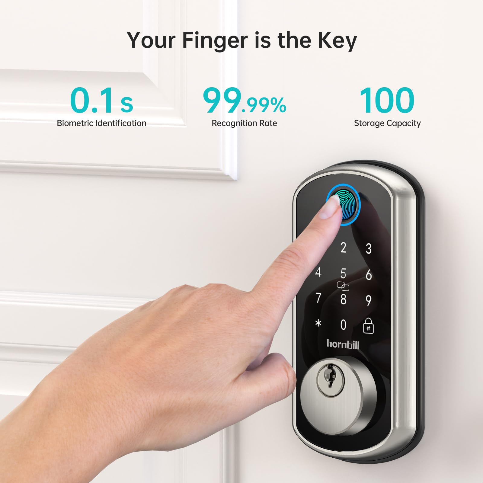 Hornbill Smart Wifi Door Lock Set: Silver Keyless Entry Door Lock Deadbolt With Handle Set Fingerprint With 2 Knobs Alexa Bluetooth Remote Code Auto For Home Hotel Security
