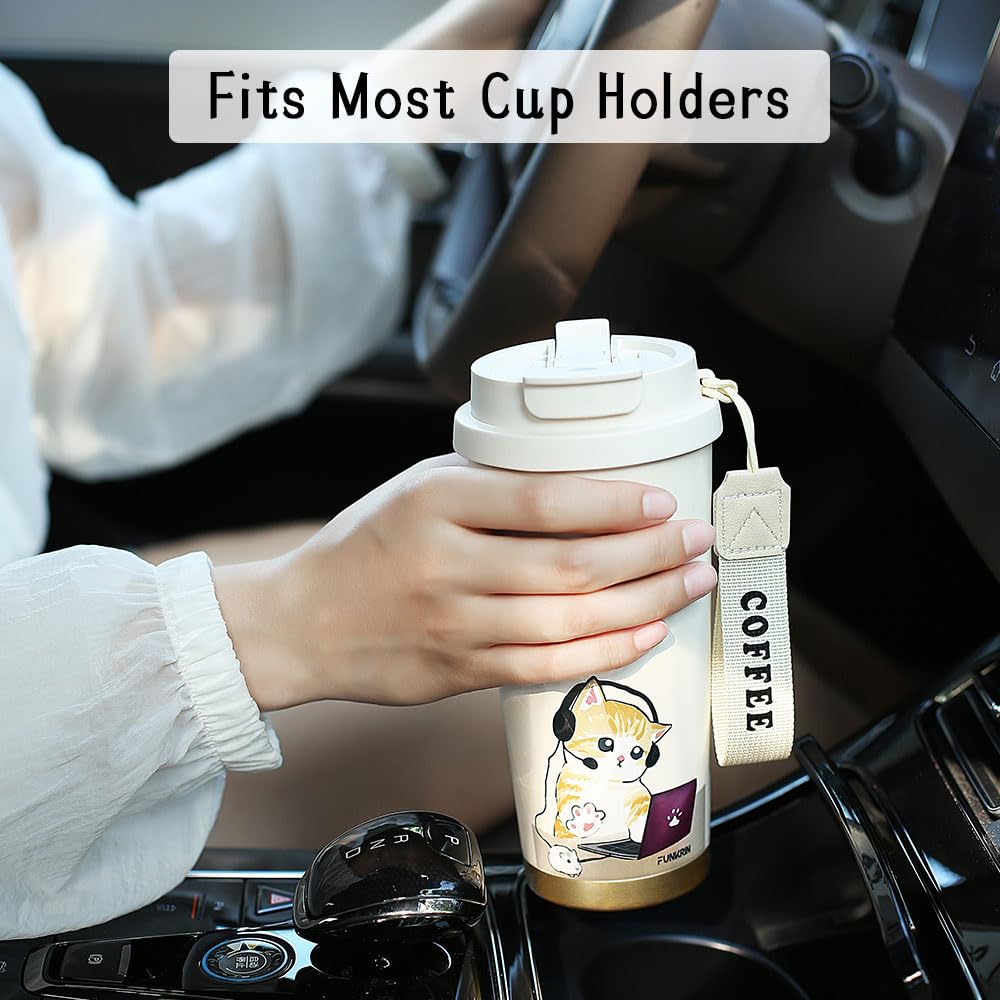 Funkrin Coffee Travel Mug With Straw & Flip Lid, 16Oz Insulated Tumbler Cup With Ceramic Coating