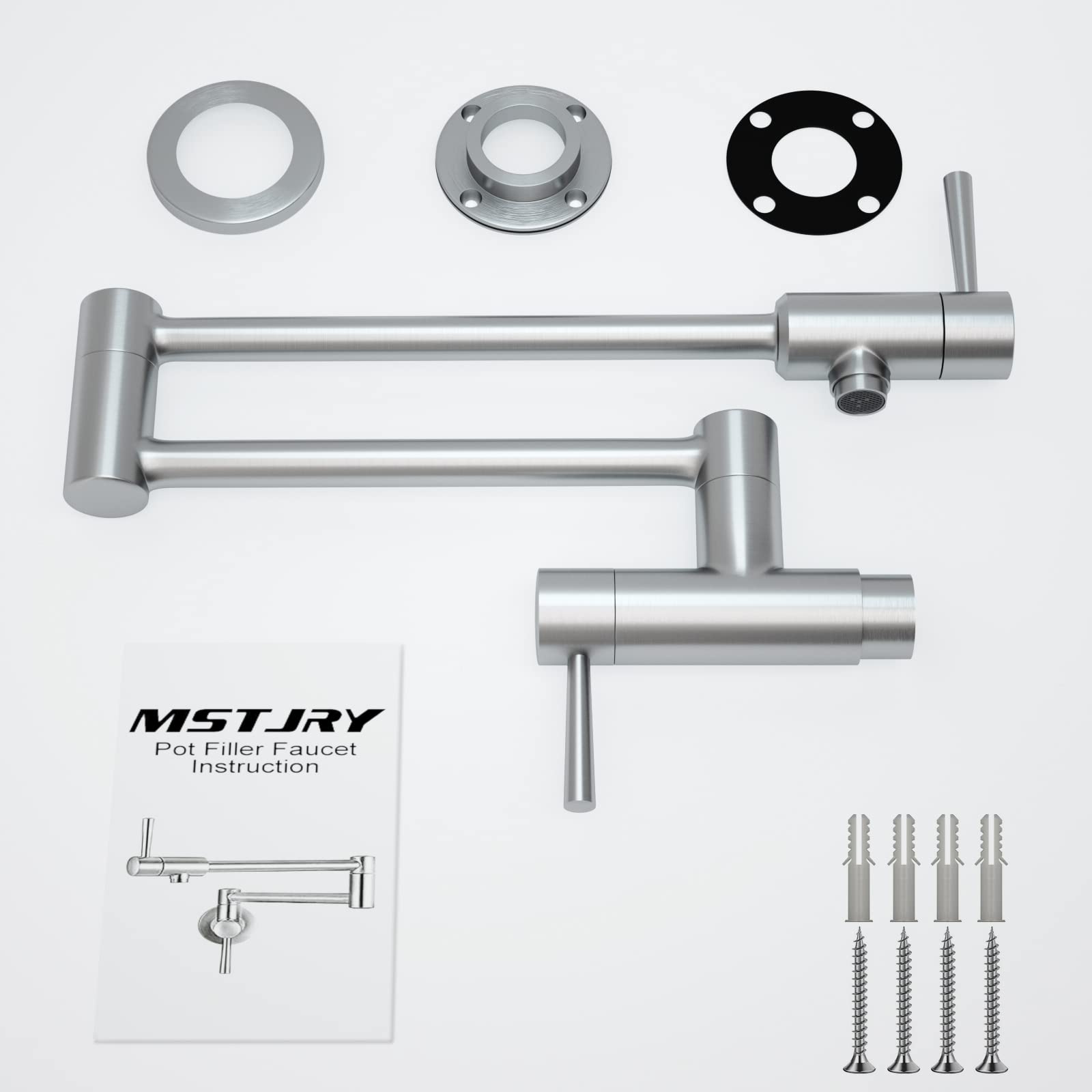 Mstjry Brushed Pot Filler Faucet Wall Mount Commercial Kitchen Faucets Stainless Steel Stretchable Double Joint Swing Arm Single Hole Two Handle Kitchen Stove Faucet