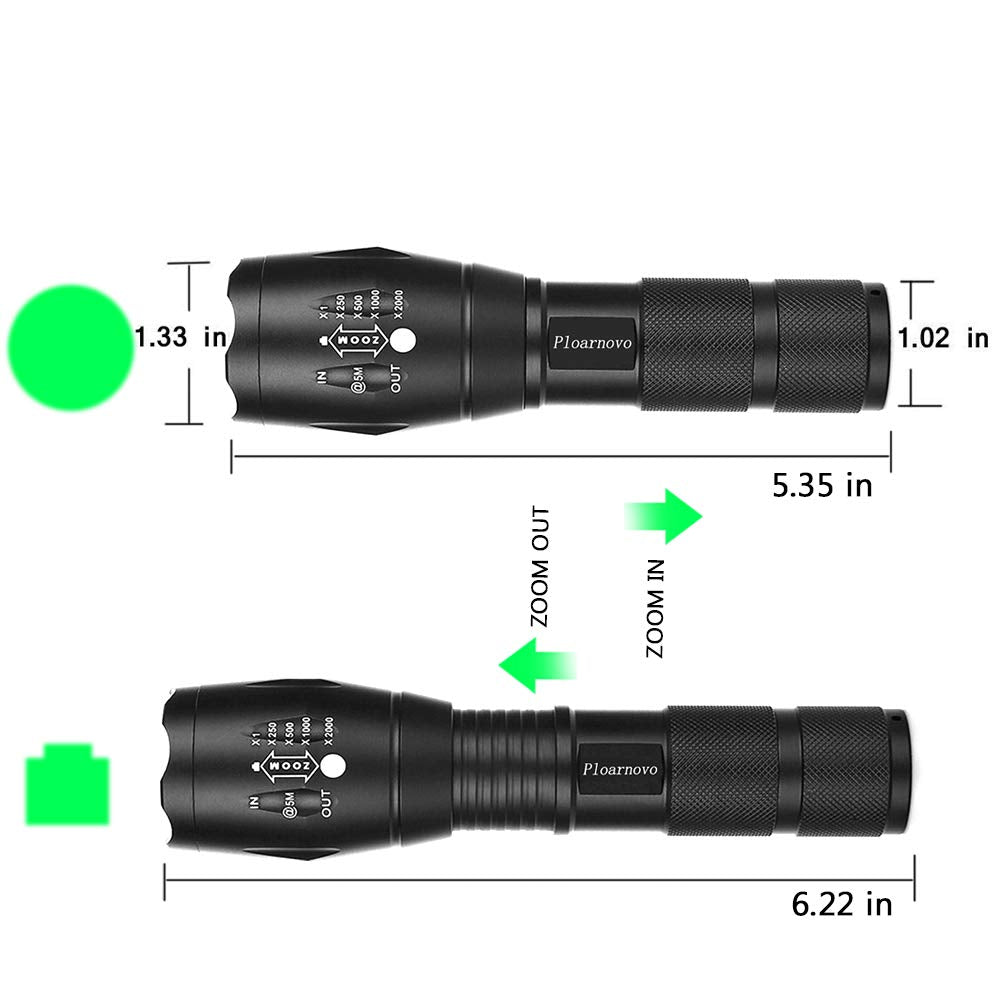 Ploarnovo Green Hunting Flashlight Green Led Flashlight Green Handheld Light - Zoomable, Water & Shock Resistant Night Hunting Lights For Fishing Hog Pig Coyote Varmint Predator Rifle (2 Pack)
