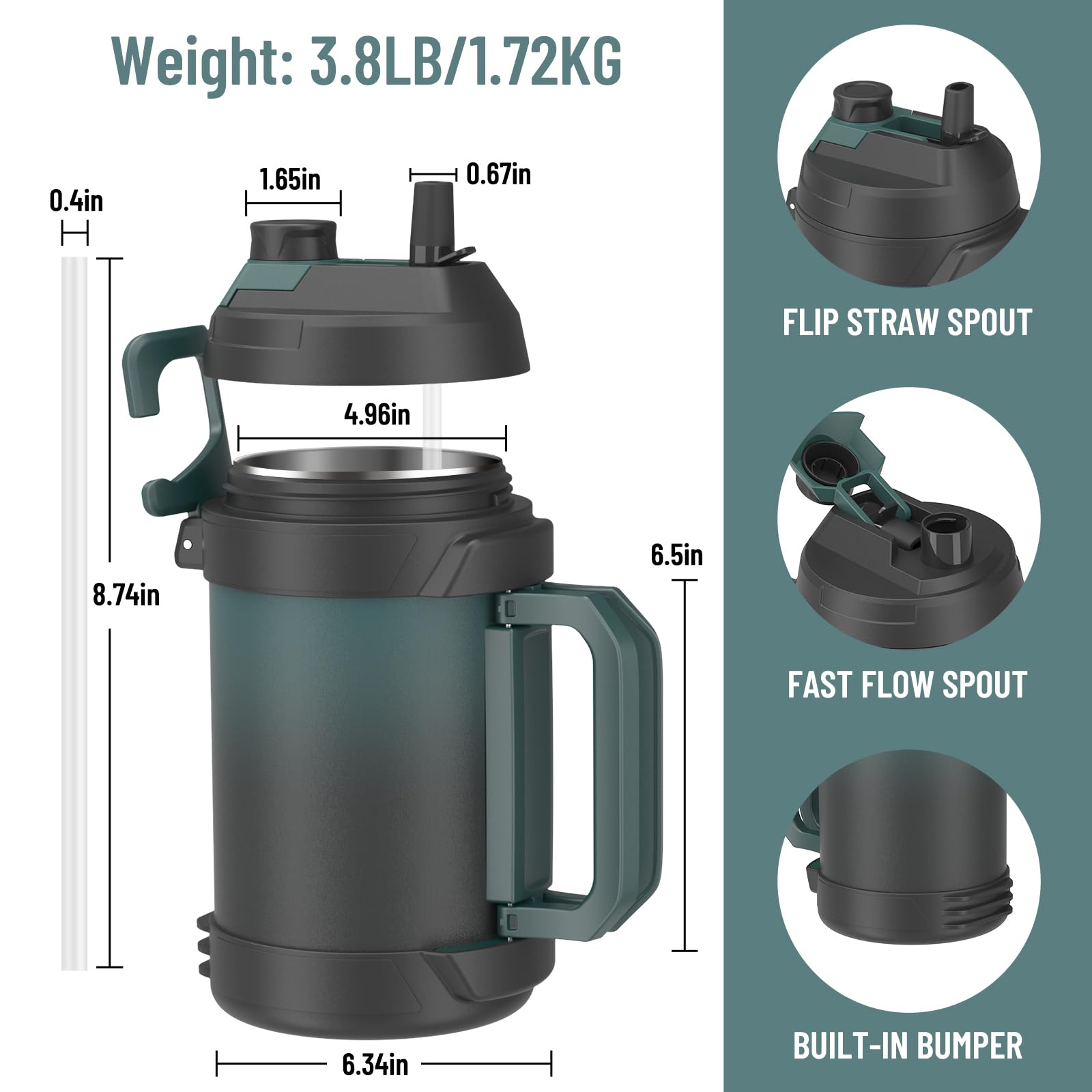 Zukro 1 Gallon Water Jug, One Gallon Large Triple Wall Insulated Metal Jug With Straw And Spout