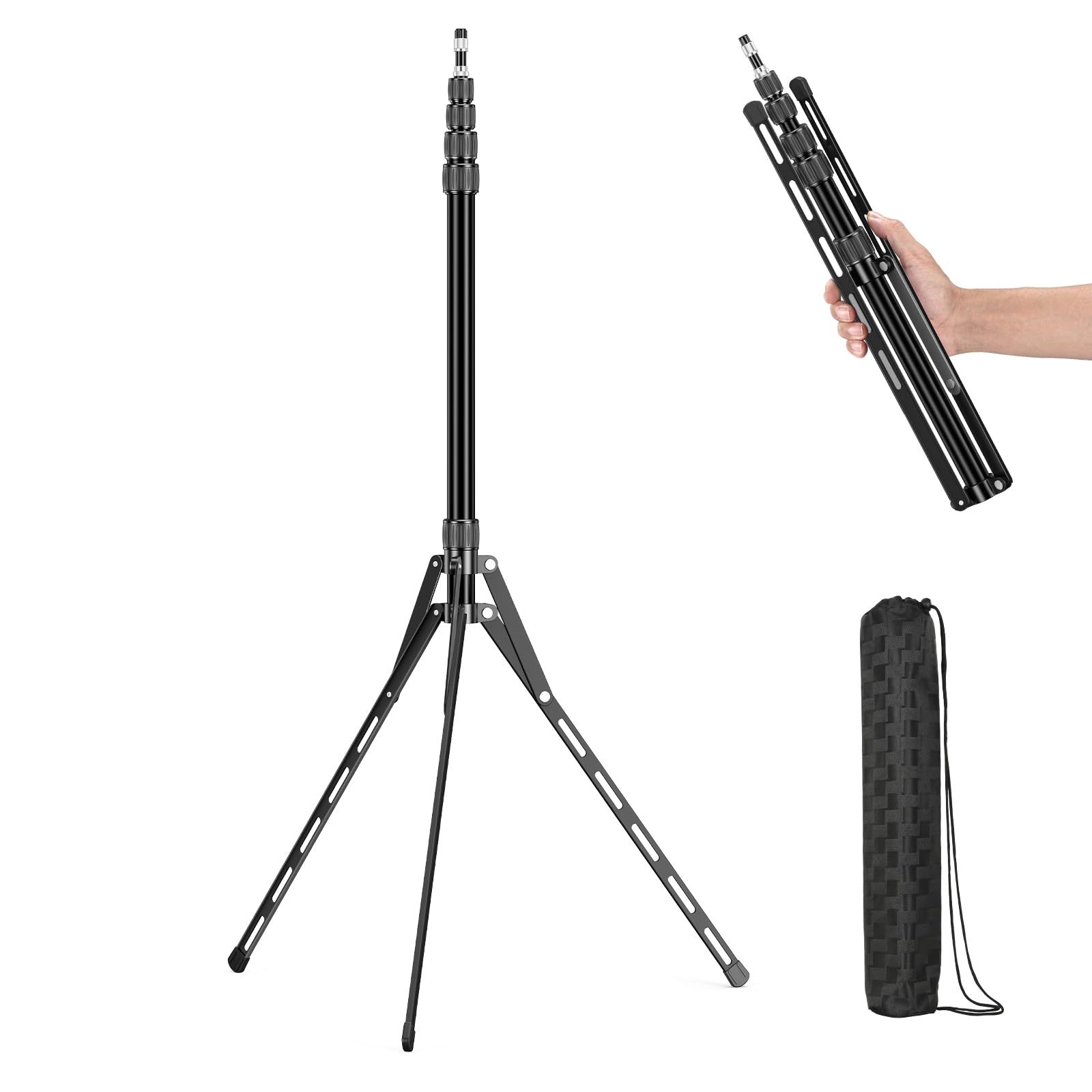 Soonpho Travel Light Stand 86.6In / 2.2M Carbon Fiber Sturdy Light Weight Portable Tripod Light Stand With Carry Bag For Photography Outdoor Shooting Speedlight Reflector Ring Light (Black-Aluminum Alloy)