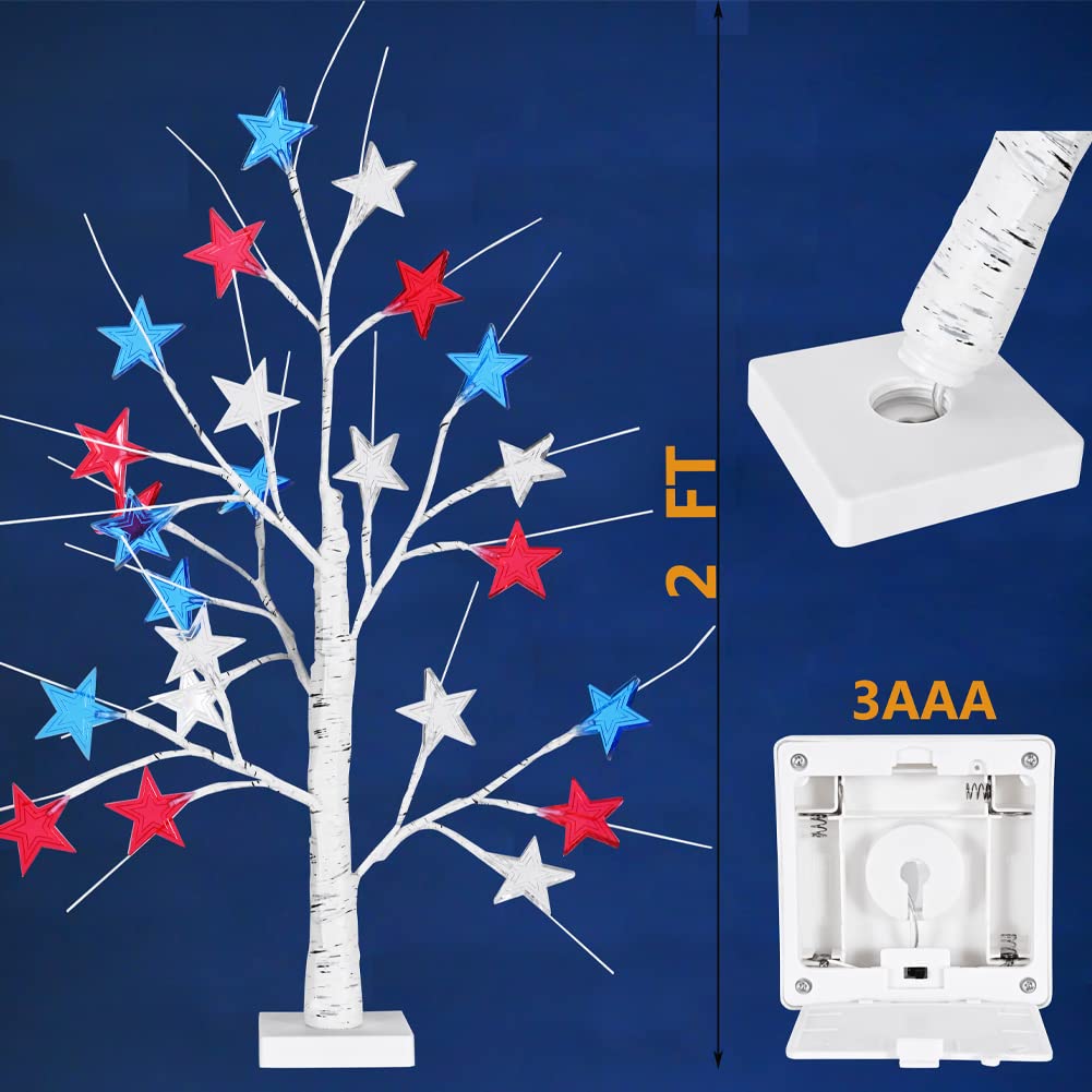 Snokip 4Th Of July Decorations, Birch Table Lamp Flag Star Tree Lights, 24”Independence Day Table Lamp For Home, Bedroom Room Office Decoration, 2 Pack, 24 Inch