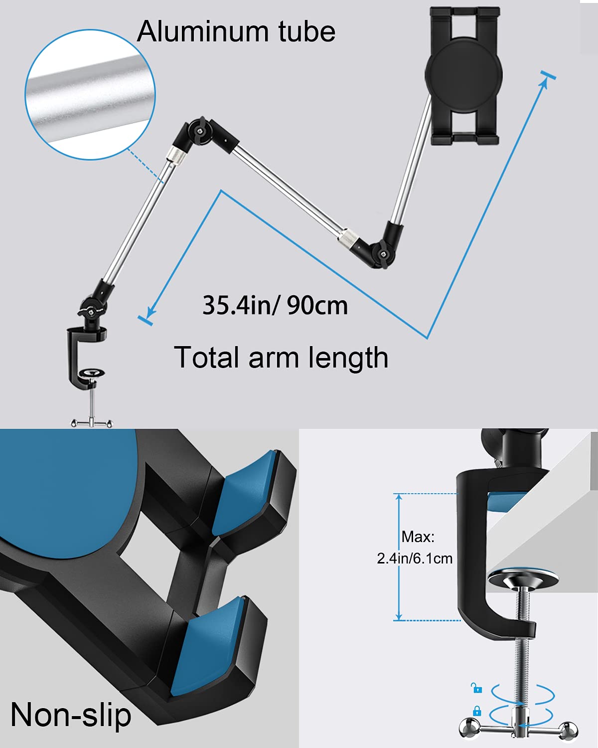 Woleyi Tablet Holder For Desk Clamp 360° Phone Ipad Mount, 35" Adjustable Arm Tablet Stand For Bed, Aluminum Flexible Webcam Camera Clip For Ipad Pro 12.9 Air Mini, Tabs, Switch, Iphone, 4.7-13" Device/Gopro