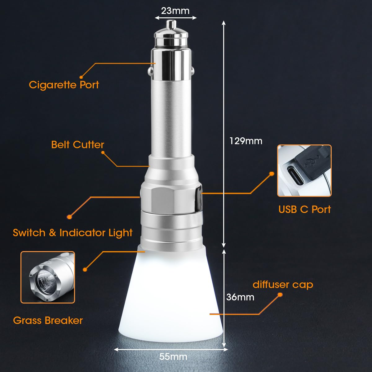Mccc Small Flashlight Rechargeable With Diffuser 12 Volt Car Cigarette Lighter & Usb C Charge For Auto Vehicles Emergency, Car Escape, Outdoors, Daily Use