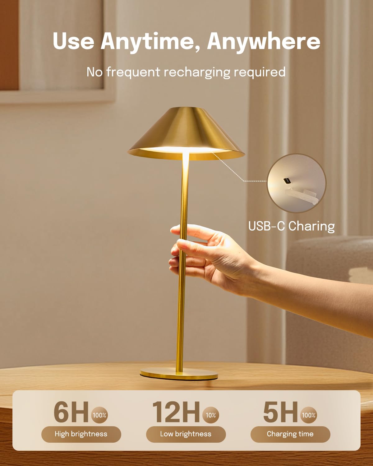Lalavon Cordless Table Lamp Set Of 2, Gold Touch Lamps With 3 Color Dimming, 4000Mah Battery Powered Lamp, Small Desk Lamp For Living Room Bedroom Patio