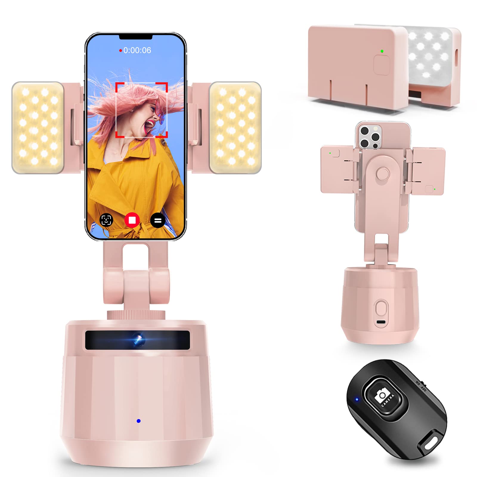 Yendili Auto Face Tracking Tripod Phone Holder, Motion Tracking Camera Phone Mount Tripod Gimbal Stabilizer 360 Rotation Selfie Stick Tripod With Remote For Video Recording Live Vlog Shooting, Pink