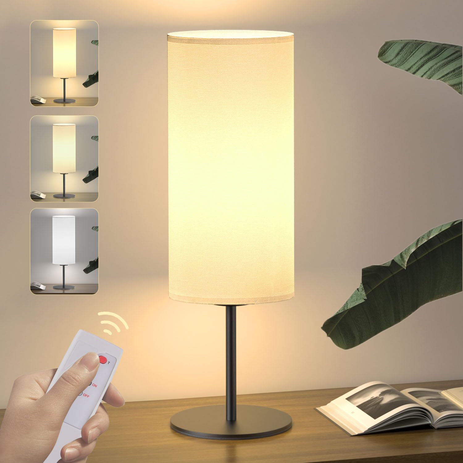 Aoceley Black Battery Operated Table Lamp Remote Control Cordless Rechargeable Lamp Dimmable 3-Way Nightstand Lamp With Fabric Shade For Bedroom, Living Room, Office (Led Bulb Included)