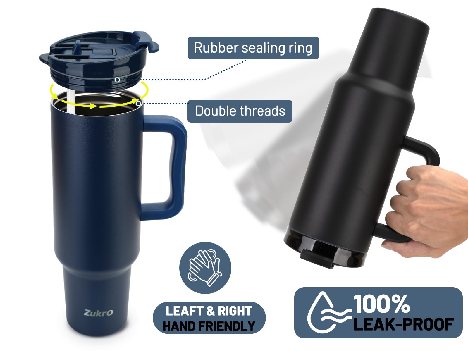 Zukro 50 Oz Tumbler With Handle, 100% Leak Proof, Large Triple-Wall Insulated Stainless Steel