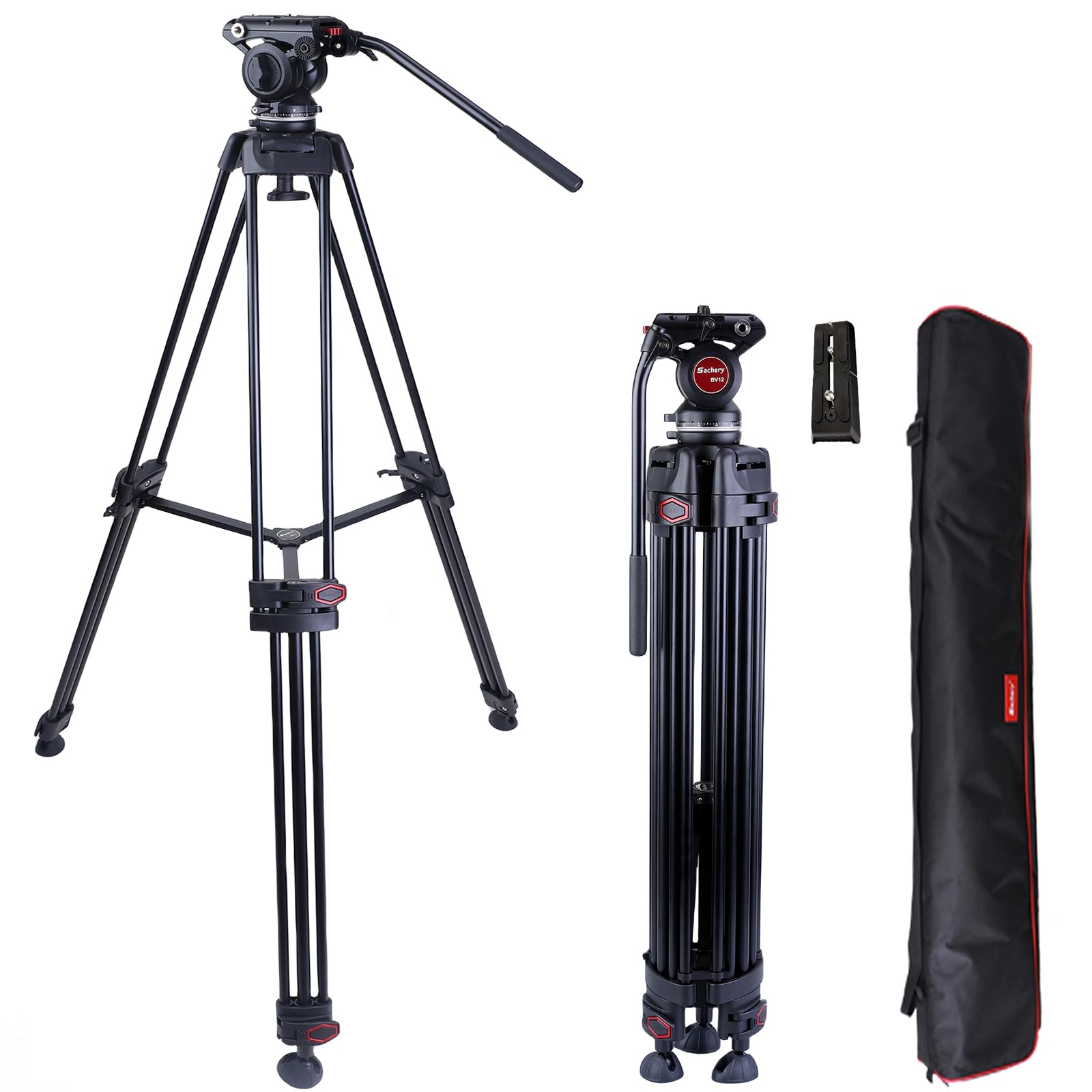 Sachery Heavy Duty Professional Video Tripod 72-Inch Aluminum Stand With 360 Degree Fluid Head - Max Load 22 Lbs / 10 Kg - Two Qr Plates 11.3 And 14 Cm For Canon Nikon Dslr Camcorders Camera