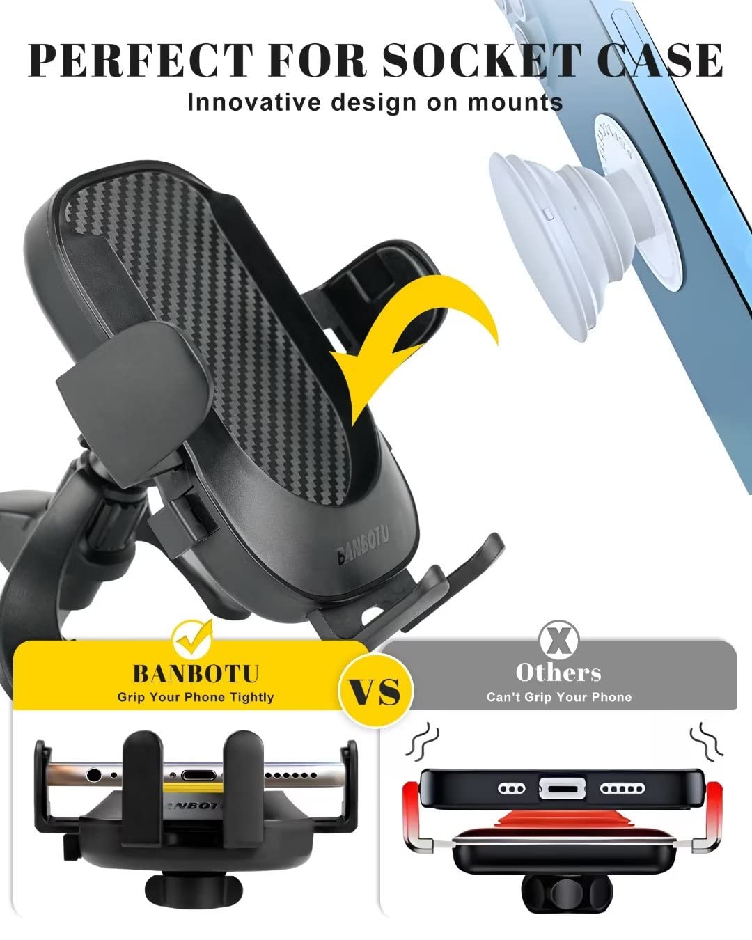 Banbotu Car Phone Holder Mount - Socket Grips Pop Cradles Friendly, Hands- 360° Rotatable & Anti-Shake Air Vent Mount, Universal Car Phone Holder Compatible With Thick Case & All Mobiles