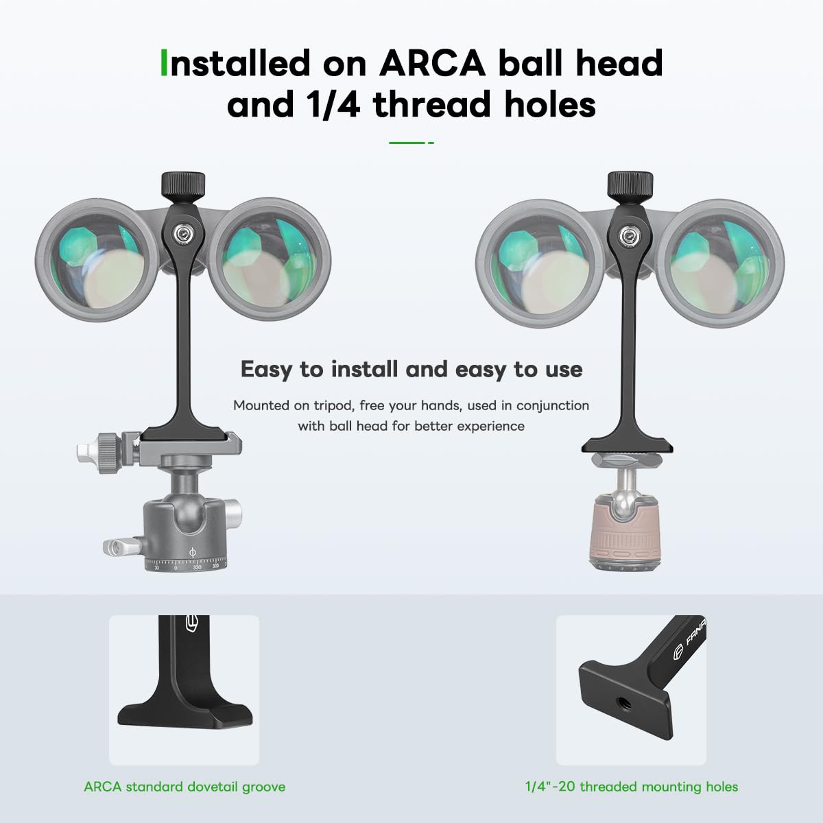 Fanaue S2-01 Binocular Tripod Adapter With 1/4-20" Thread Compatible With Porro Binoculars And Arca Ball Heads, Universal Quick Release For Bird Watching, Hunting, Astronomy, Animal Observation Ect.