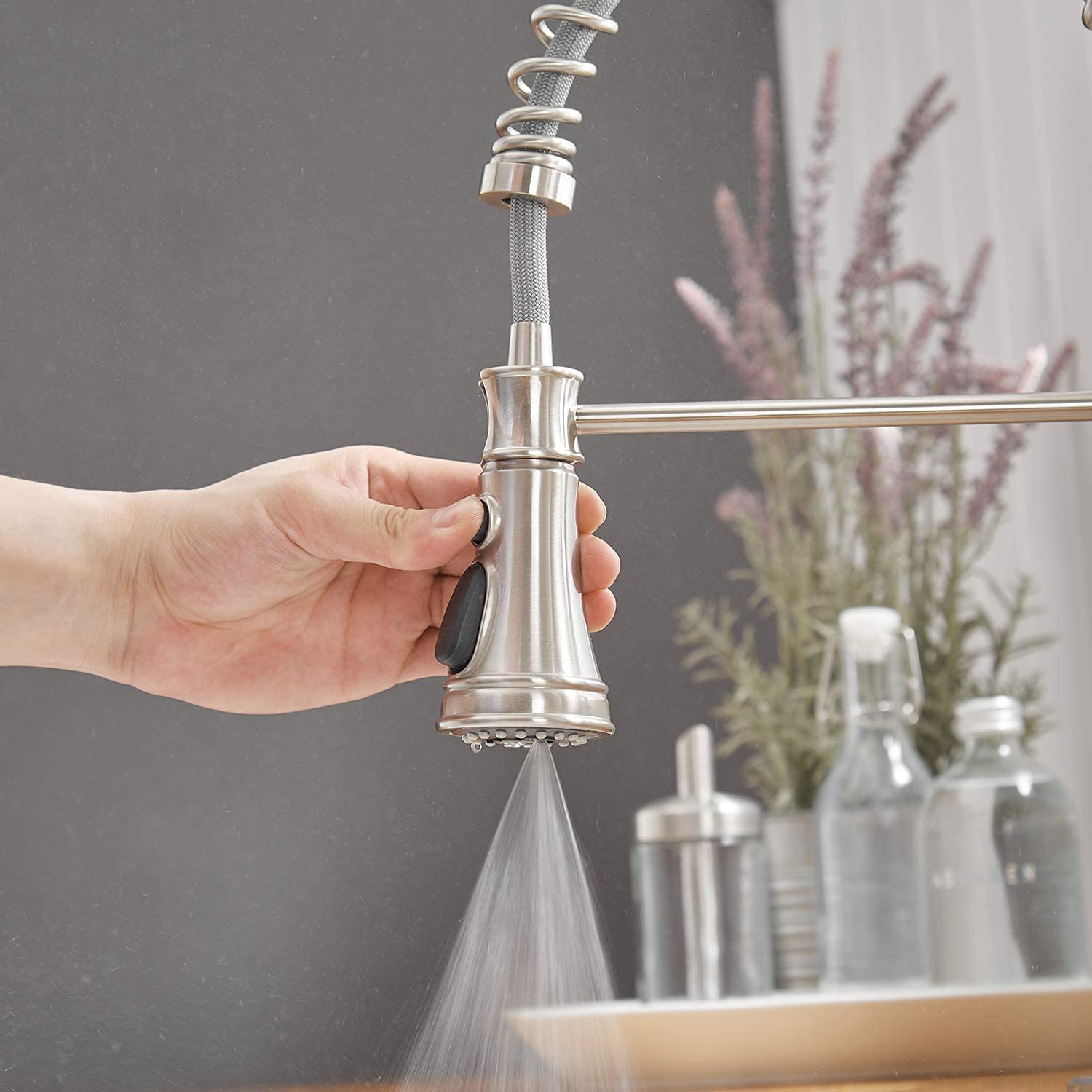 Bathfinesse Kitchen Faucet With Pull Down Sprayer, Brushed Nickel Finish, 360 Degree Swivel Nozzle, 3 Spray Modes, Easy Installation, Lead- Solid Brass Construction, 10 Inch Deck Plate