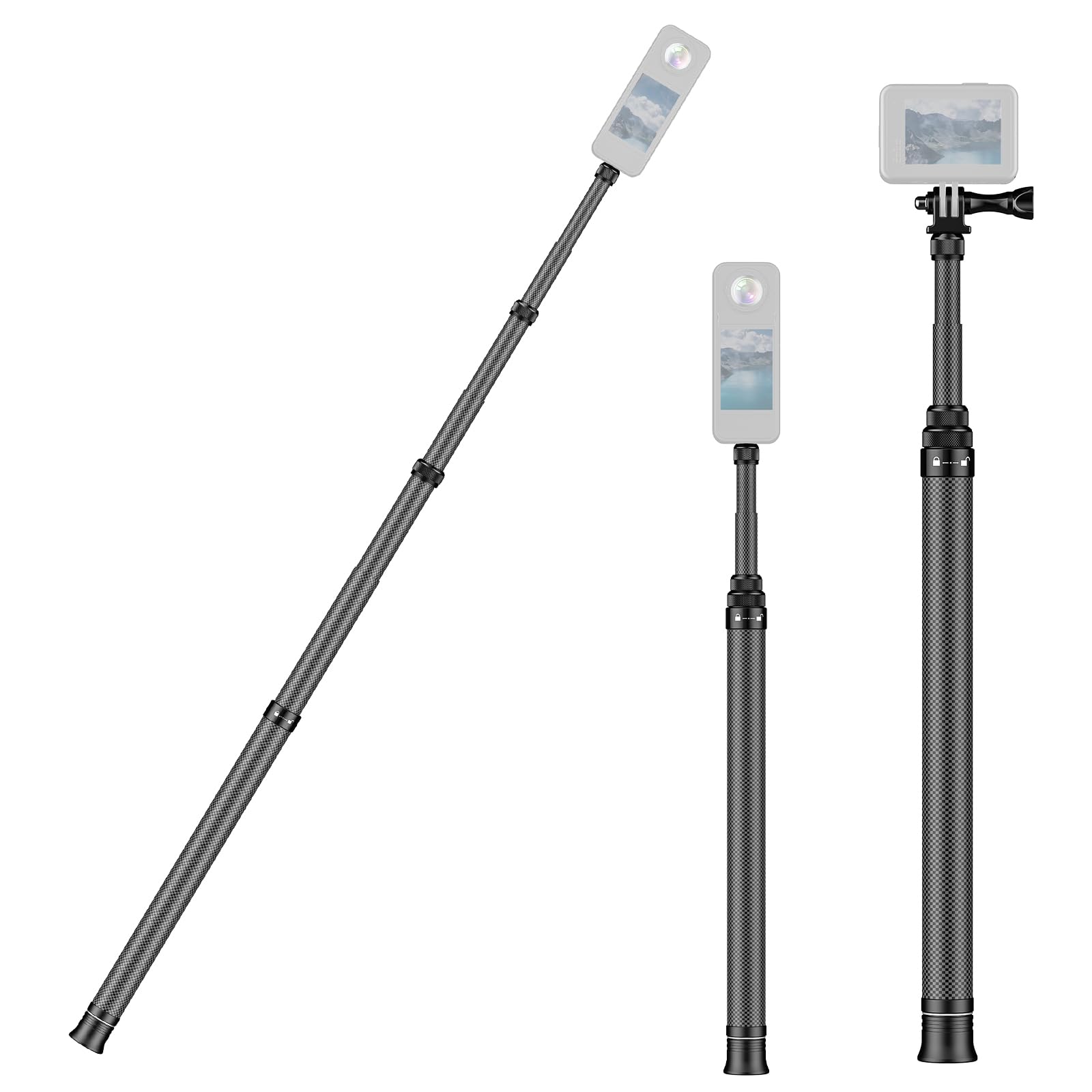 Camolo Geek 60"/1.5M Invisible Selfie Stick Carbon Fiber, 5Ft Extended Long Pole Compatible With Insta360 X4 X3 One X2, One R, One X, One Go 3S 3 2 Action 360 Camera (14.2 To 60")