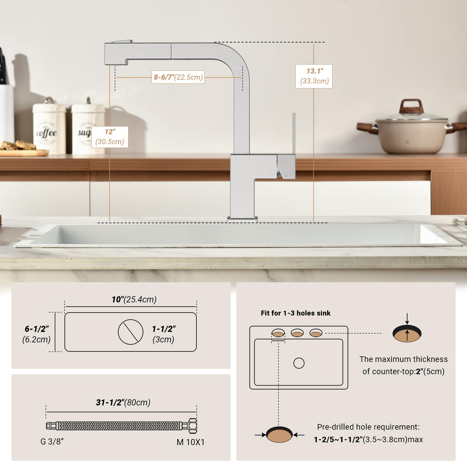 Appaso Square Kitchen Faucet, Single Handle High Arc Kitchen Faucets, 20 Inch Pull Down Kitchen Faucet, Dual Function Sprayer, Stainless Steel Sink Faucet, With Square Deck Plate