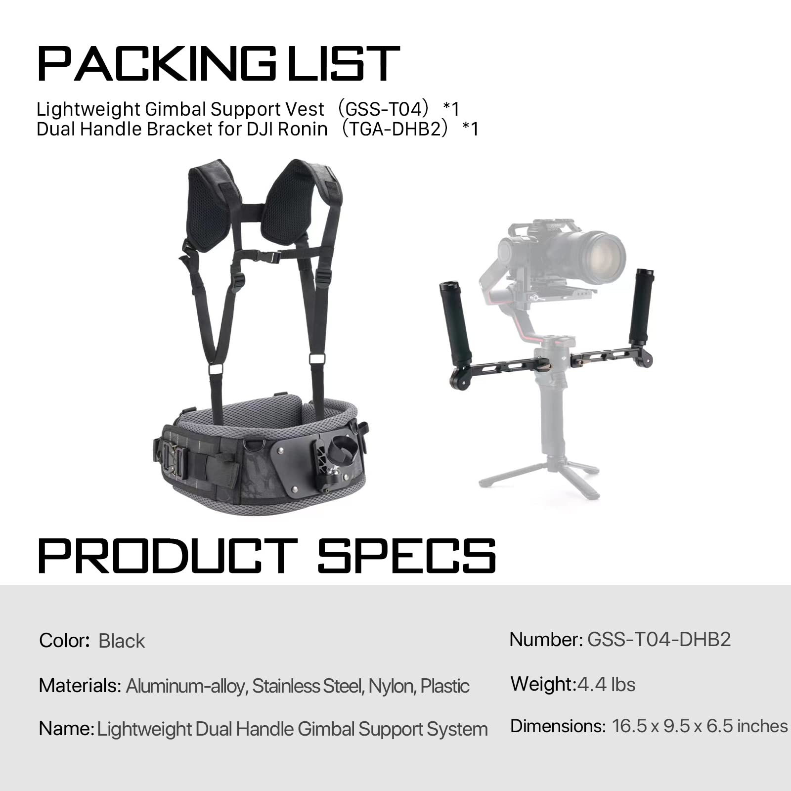 Tilta Lightweight Dual Handle Gimbal Support System  Compatible With Dji Ronin Rs3 Pro/ Rs4/ Rs4 Pro  Ergonomic Support For Long Shoots  Gss-T04-Dhb2 (Support Vest With Handles)