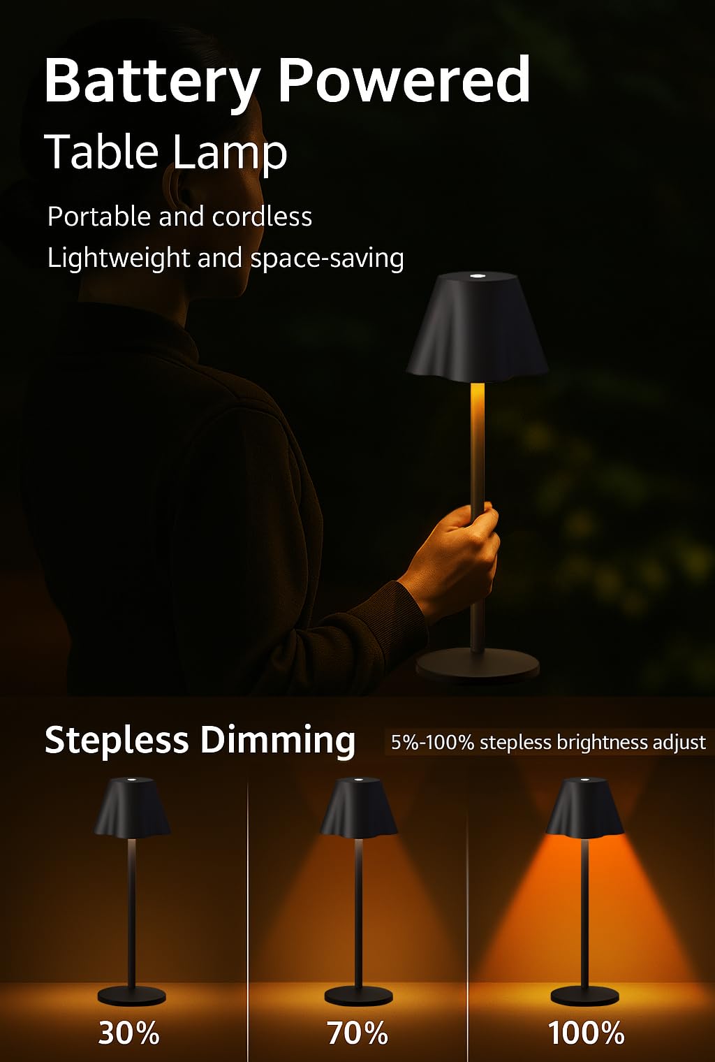 La Luz Lamps 13.5” Cordless Led Table Lamp – Modern Touch Dimmable Light With Usb-C Charging – Rechargeable Battery Powered Lamp For Bedroom, Living Room, Desk, Or Patio (Black)
