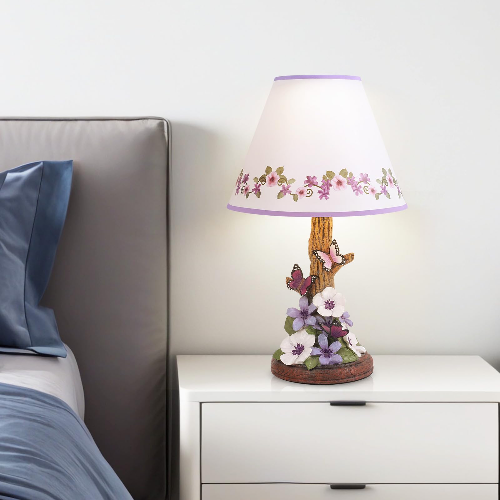 Eycfo Butterfly Flower Table Lamp, Led Light Source - Vintage Home Decor, Purple Morning Glory Side Lamp, Pressed Floral Bedside Light For Nightstand