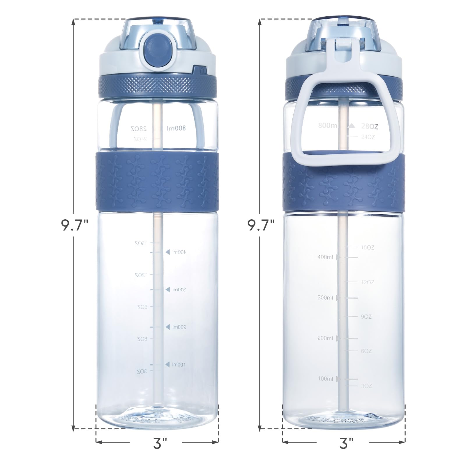 Kerilyn 28Oz Clear Water Bottle With Straw, Flip Top Water Bottle With Carrying Loop, Leak-Proof